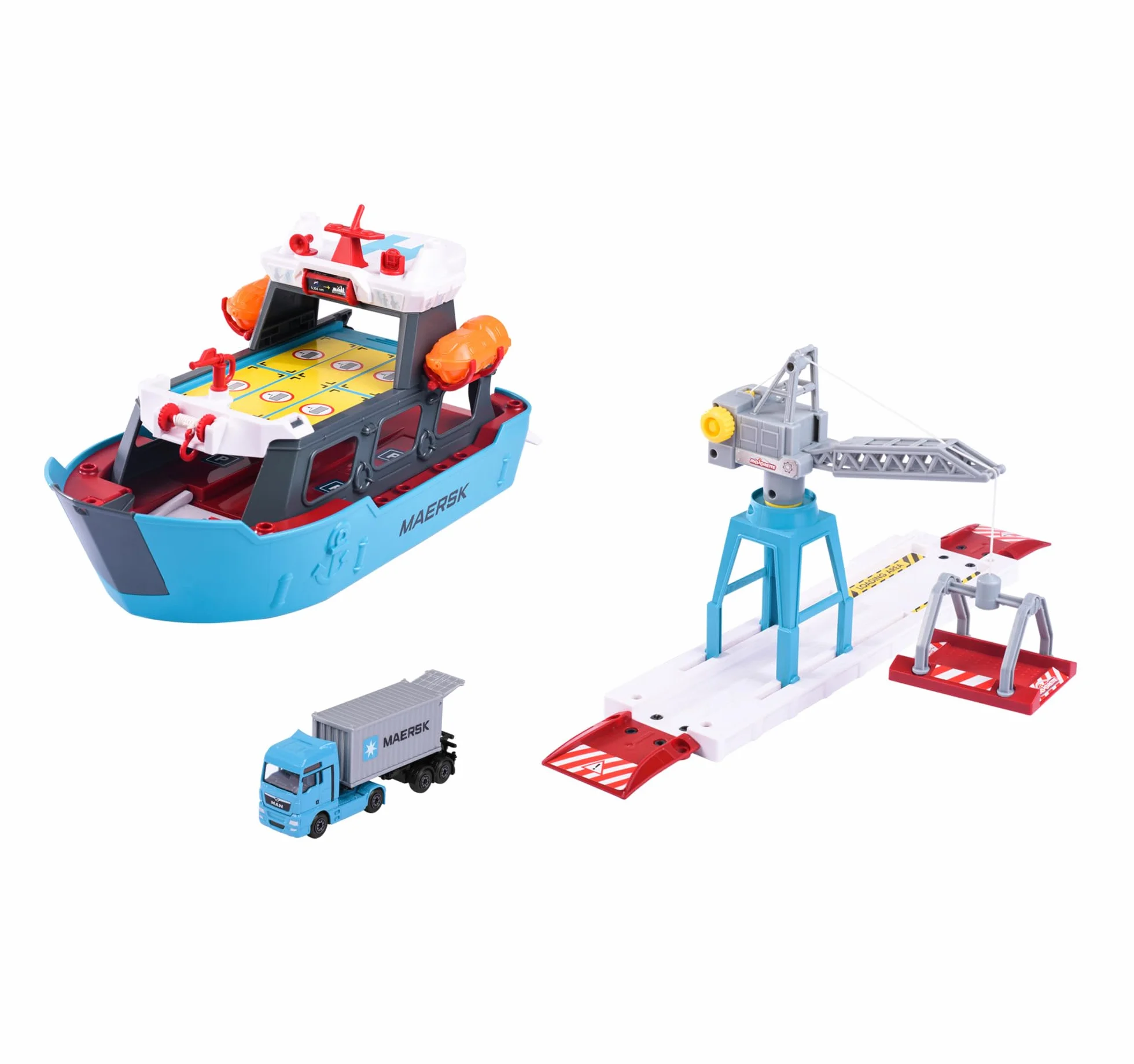 Majorette 212050039 Maersk zestaw łódź 52cm, stacja portowa, ruchomy dźwig z platformą ładunkową, 2 łodzie ratownicze, 1 metalowy pojazd oraz 1 kontener