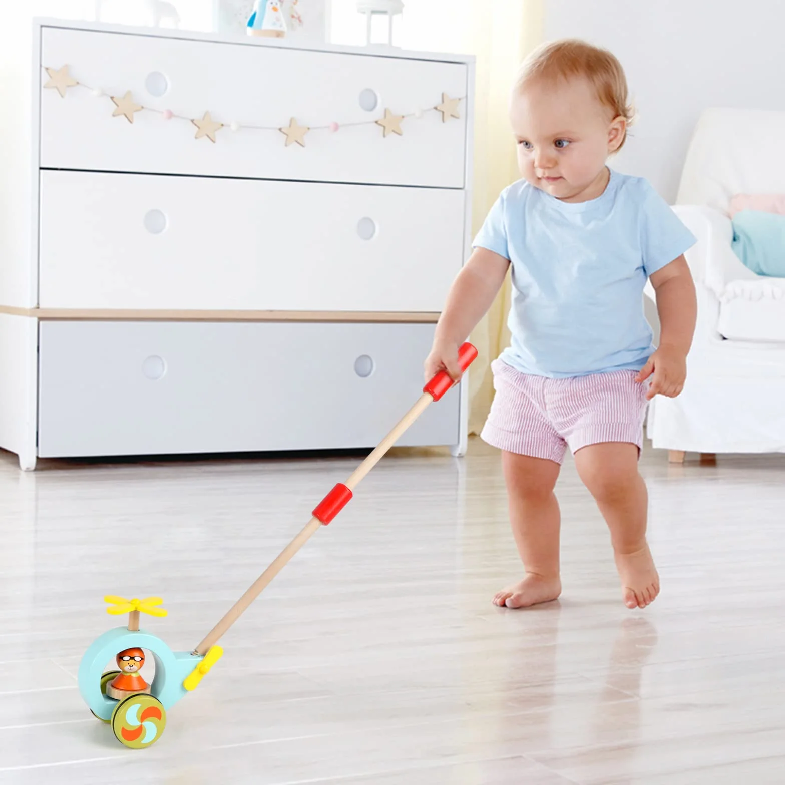 Jacootoys Drewniany Push Pull Wzdłuż Dziecka Chodzenie Helikopter Gracz Dzieci Zabawka ze zdejmowanym kijem 24 cale