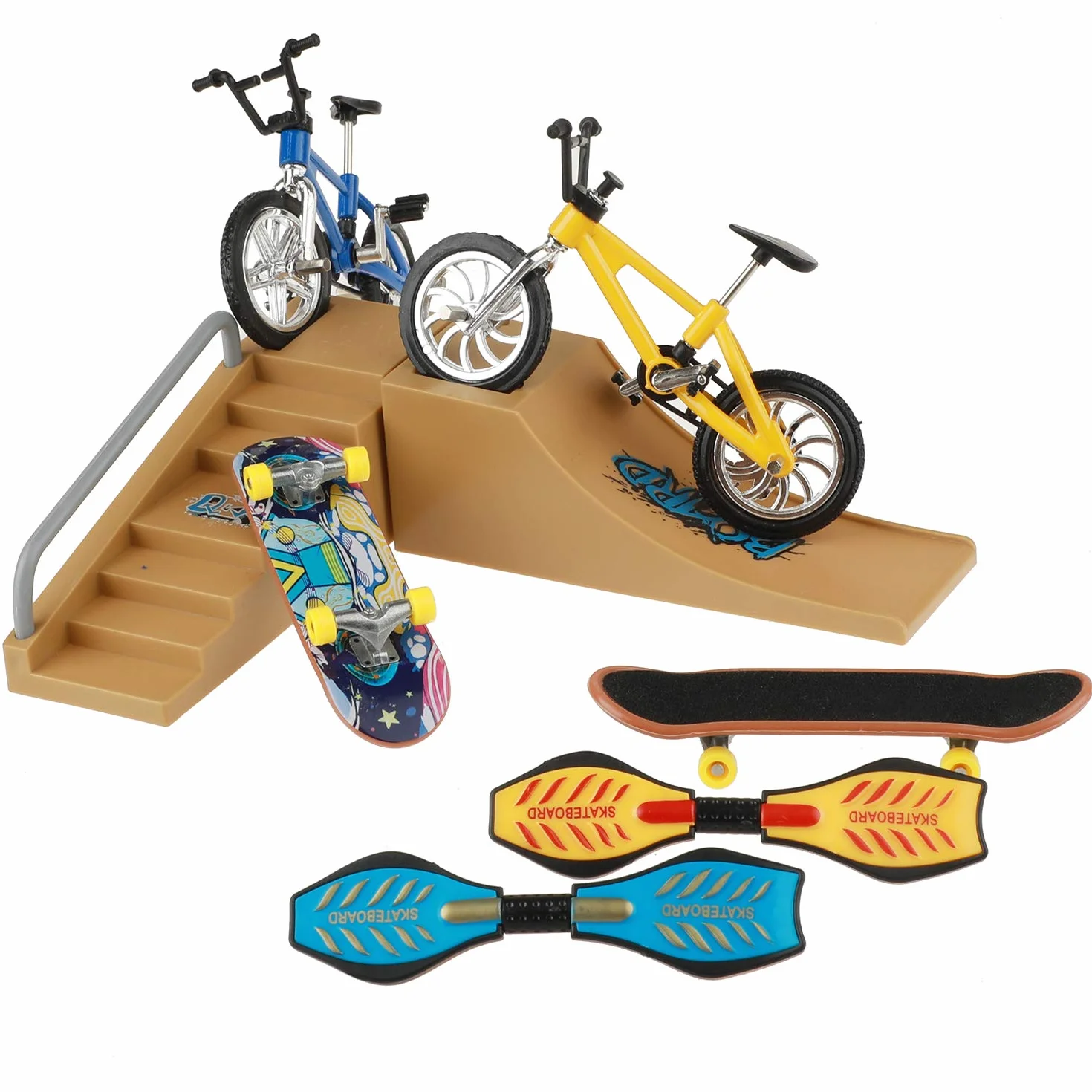 Zestaw do skateparku, mini zabawki na palec, deskorolki, rowery, mała huśtawka z wymiennymi kółkami i narzędziami (17 szt.)