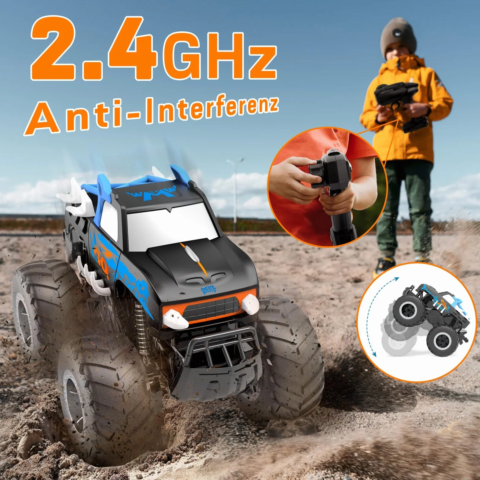 Gindoly Zdalnie sterowany samochód, 2,4 GHz, monster truck, 4WD 15+ km/h, hobby, offroad, samochód RC, wodoszczelny, samochód terenowy, z 2 bateriami, zabawka dla dzieci od 6, 7, 8, 9, 10, 11, 12 lat