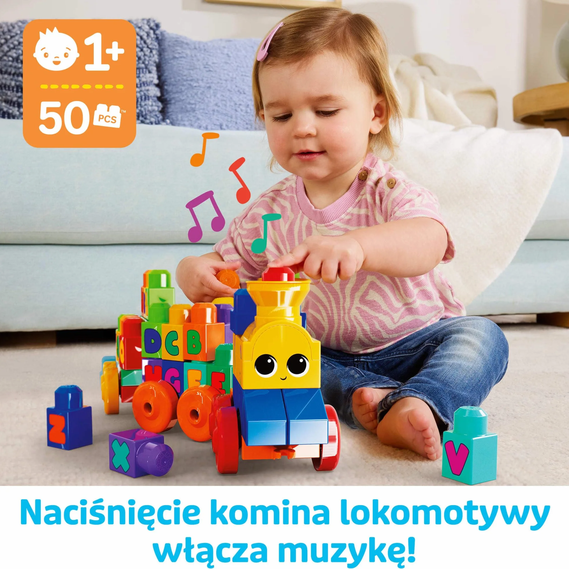 Mega Bloks Muzyczny Pociąg ABC z klockami z literkami odtwarzający realistyczne dźwięki i muzykę, FWK22