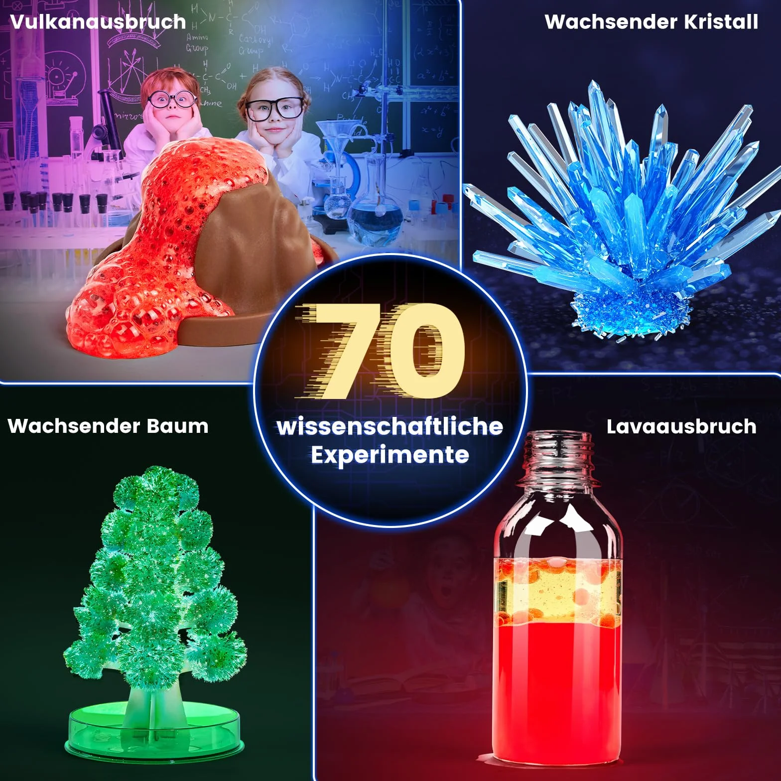 Japace Zestaw 70 eksperymentów dla dzieci, laboratorium STEM, zestaw chemiczny, hodowla kryształów, wulkan, gumowa piłka