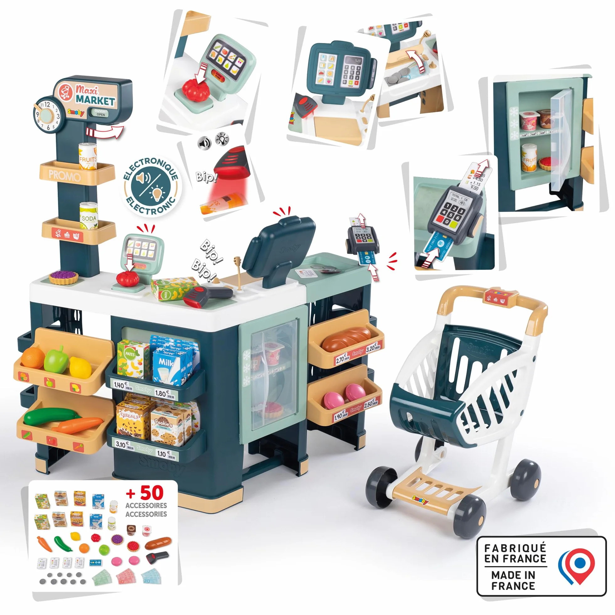 Smoby - Maxi Market - Supermarket dla dzieci - Wózek, półki, pudełka, warzywa, owoce - Strefa chłodnicza - Liczne akcesoria - Od 3 lat - Wyprodukowano we Francji