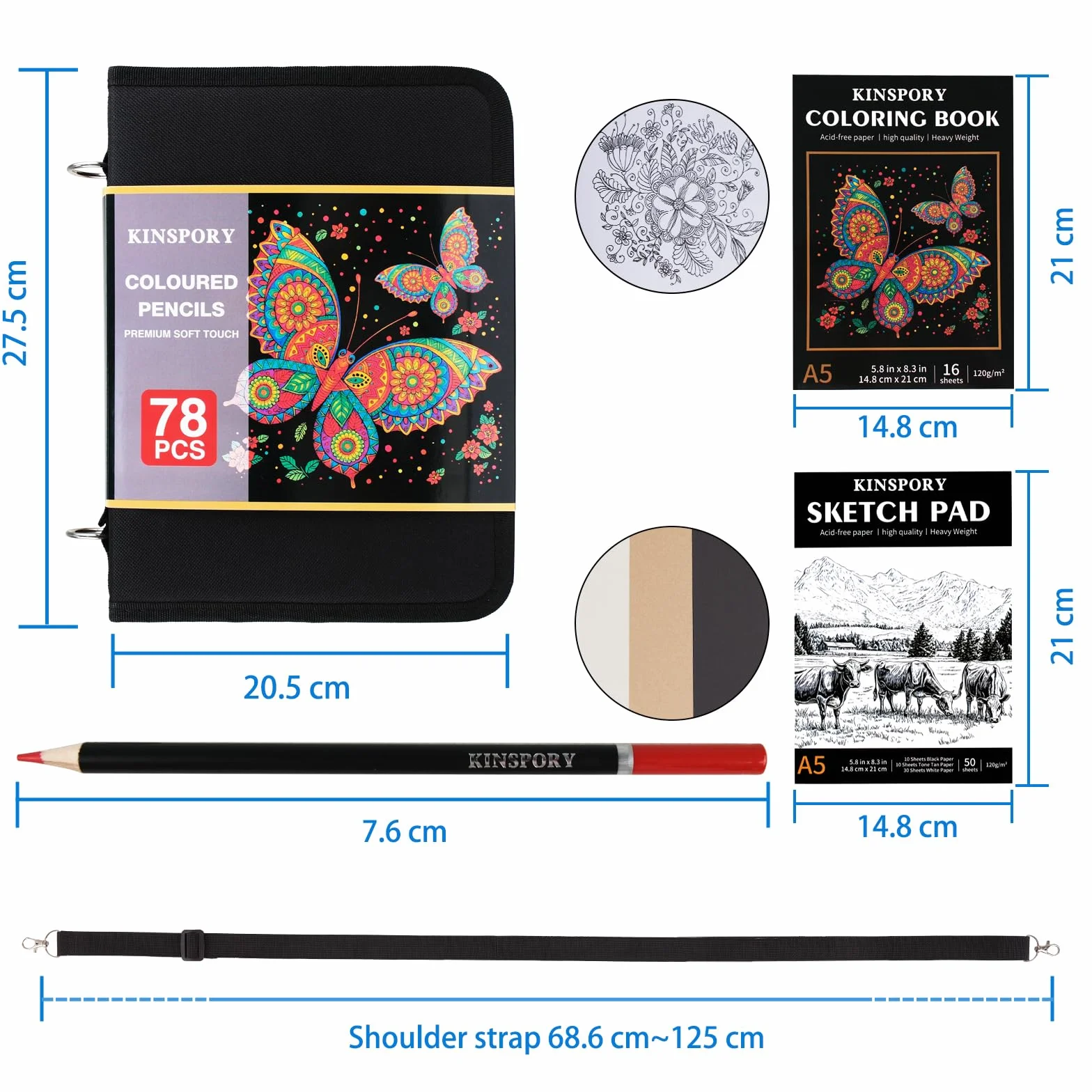 KINSPORY 78 SZT. Kredki Ołówkowe z Miękkimi Wkładami 3.0 mm, 50-Kartkowy 3-Kolorowy Szkicownik, Regulowanym Paskiem na Ramię - Prezent dla Dorosłych Artystów Początkujących Dziewczynek Chłopców