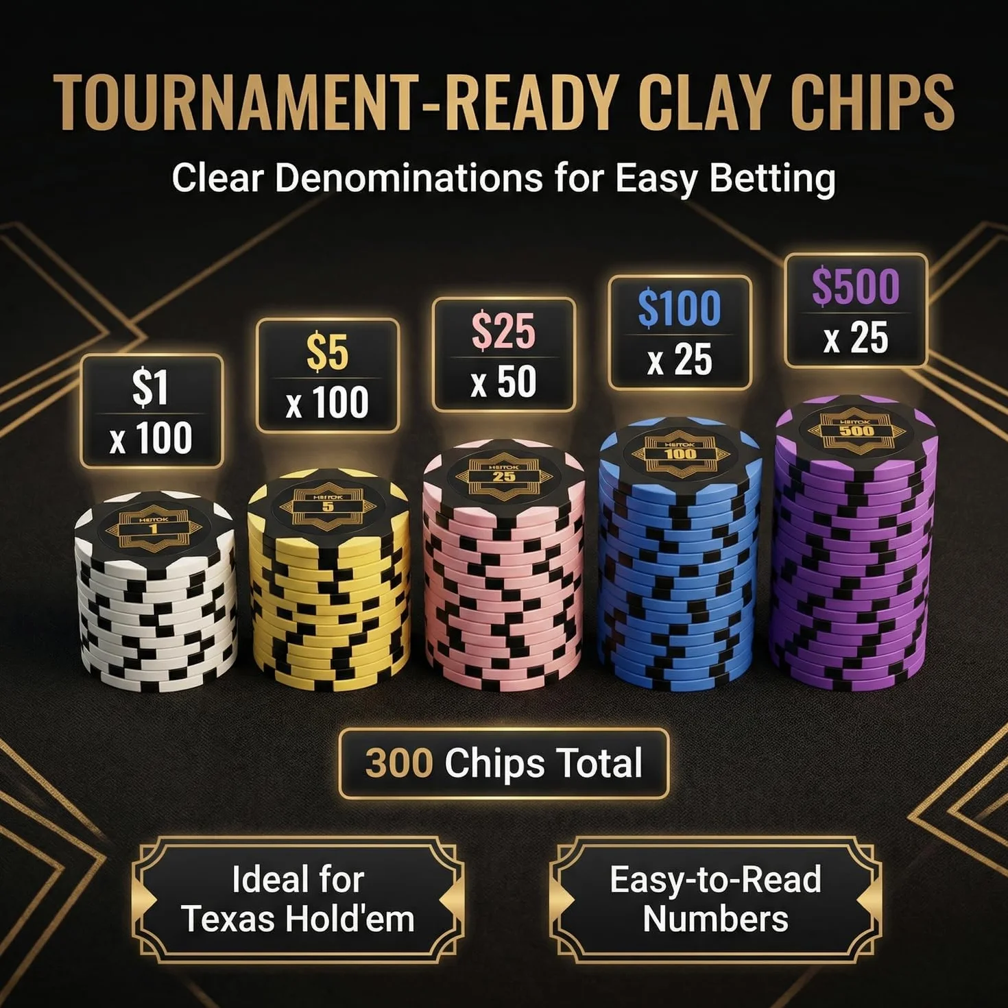 HEITOK Zestaw do pokera 300 żetonów 14g gliniane kompozytowe z metalowym rdzeniem, profesjonalna walizka aluminiowa, karty, kości i przyciski blind, kompletny zestaw Texas Holdem Casino