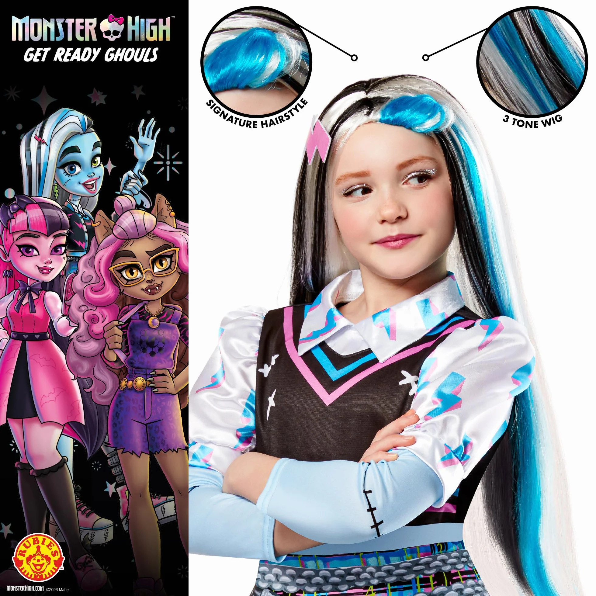 Rubies Frankie Stein peruka dla dziewczynek, standardowy rozmiar, oficjalna peruka Monster High, na karnawał, Boże Narodzenie, urodziny, imprezę i Halloween.