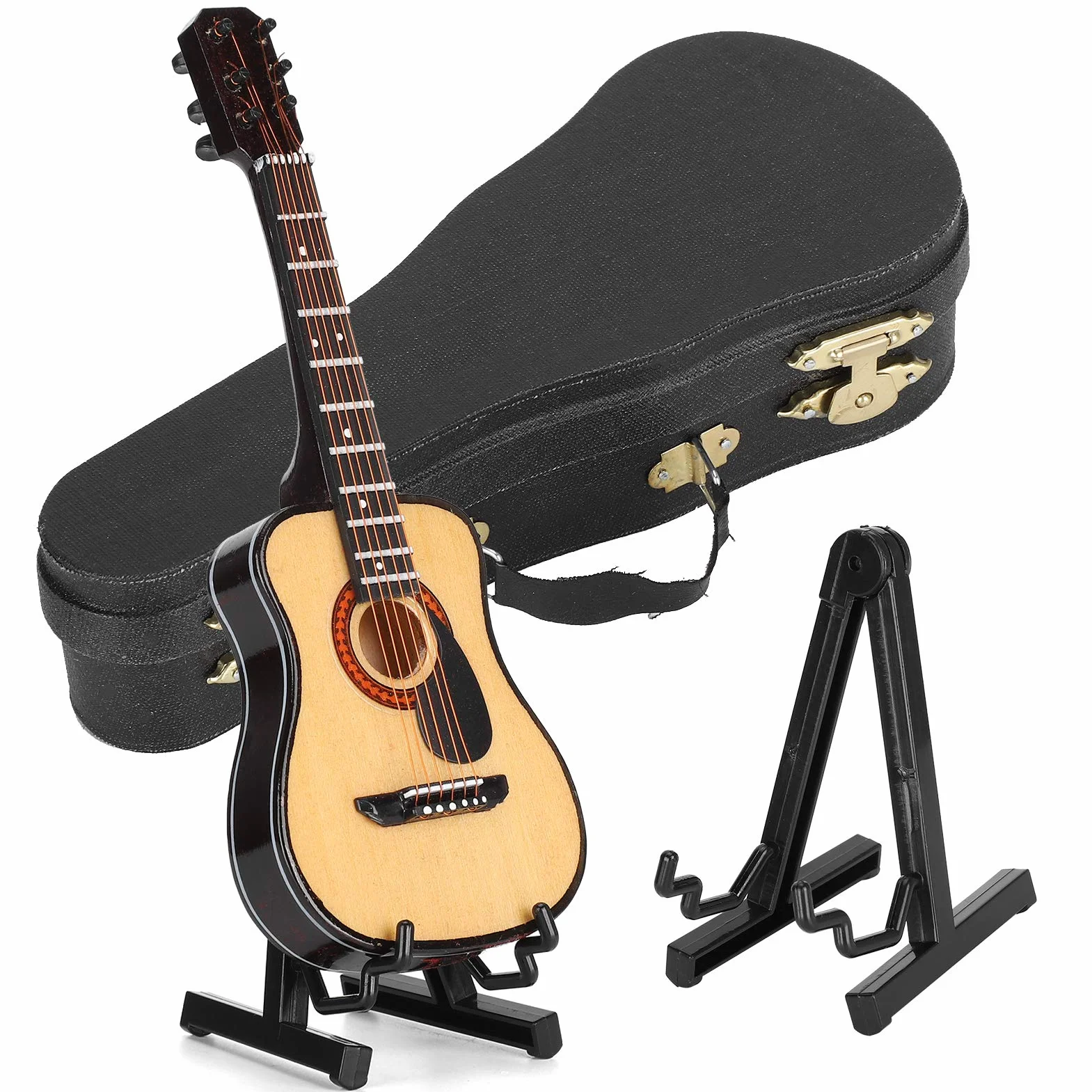drewniana gitara miniatura, muzyczna ozdoba czarna 15 cm for domku dla lalek