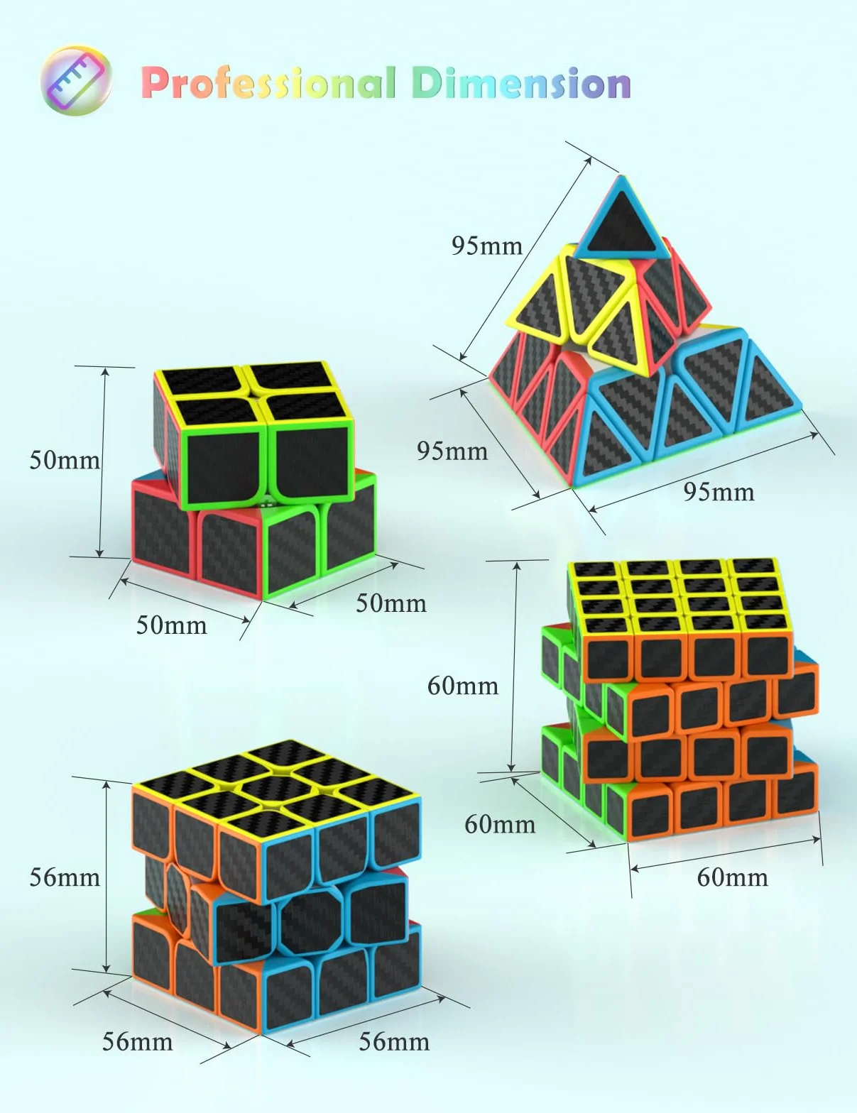 ROXENDA Magiczna Kostka Speed Cube Set 2x2 3x3 4x4 Piramida Włókno Węglowe