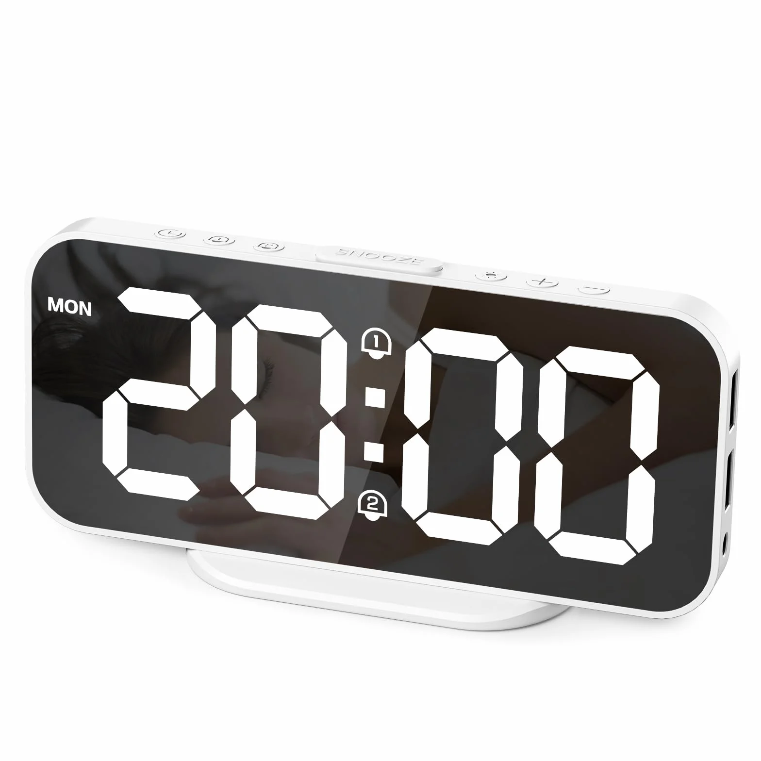 Cyfrowy budzik, LED, lustro, zegar stołowy, ładowany przez USB, budzik podróżny z 2 alarmami, drzemką, drzemką, funkcją sterowania głosem