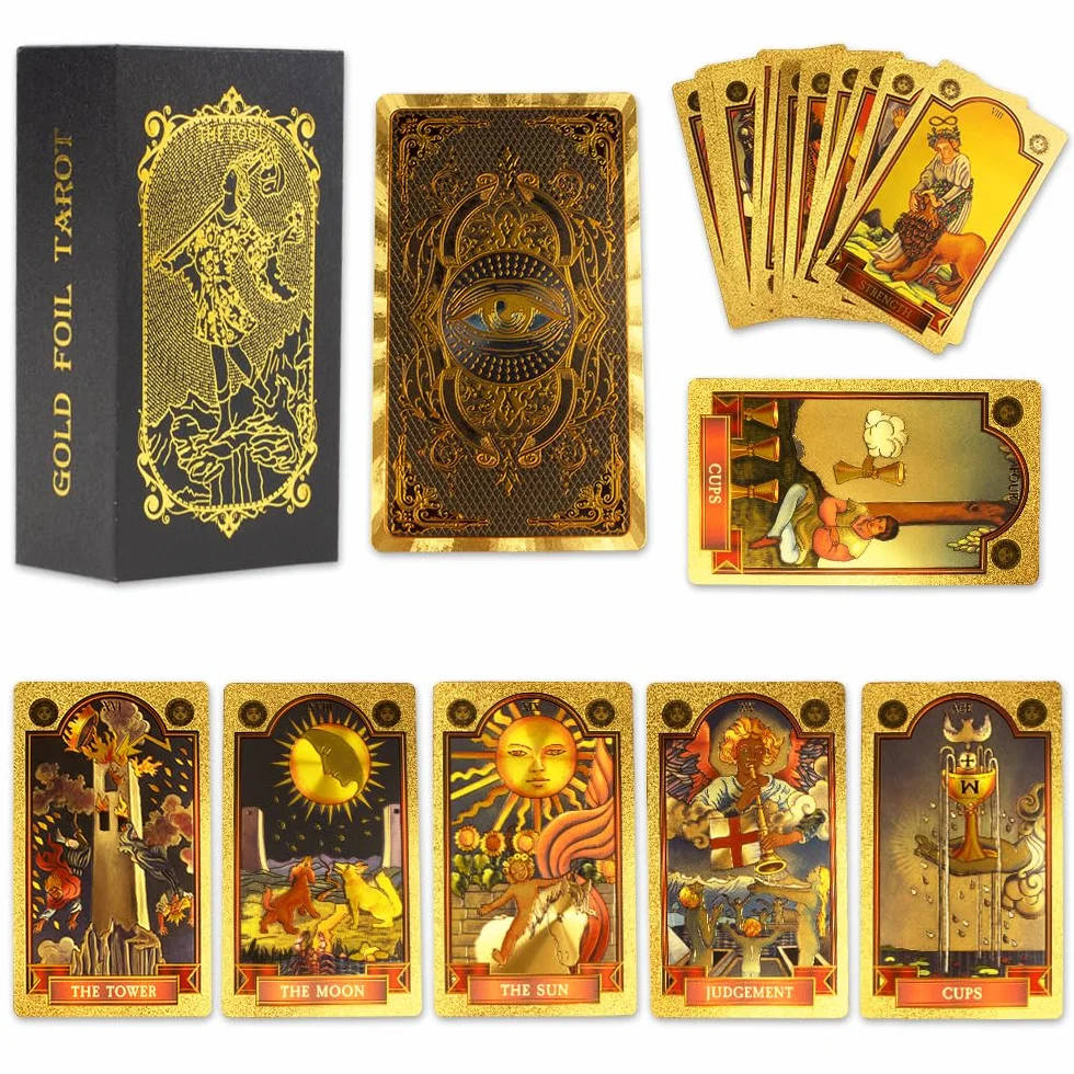 Zestaw tarota, 78+2 karty tarota, złote oko Marsylia Tarot z przewodnikiem, wróżbiarstwo tarota, karty tarota PCV, wodoodporne i bez fałd, zestaw tarota dla początkujących (złoty)