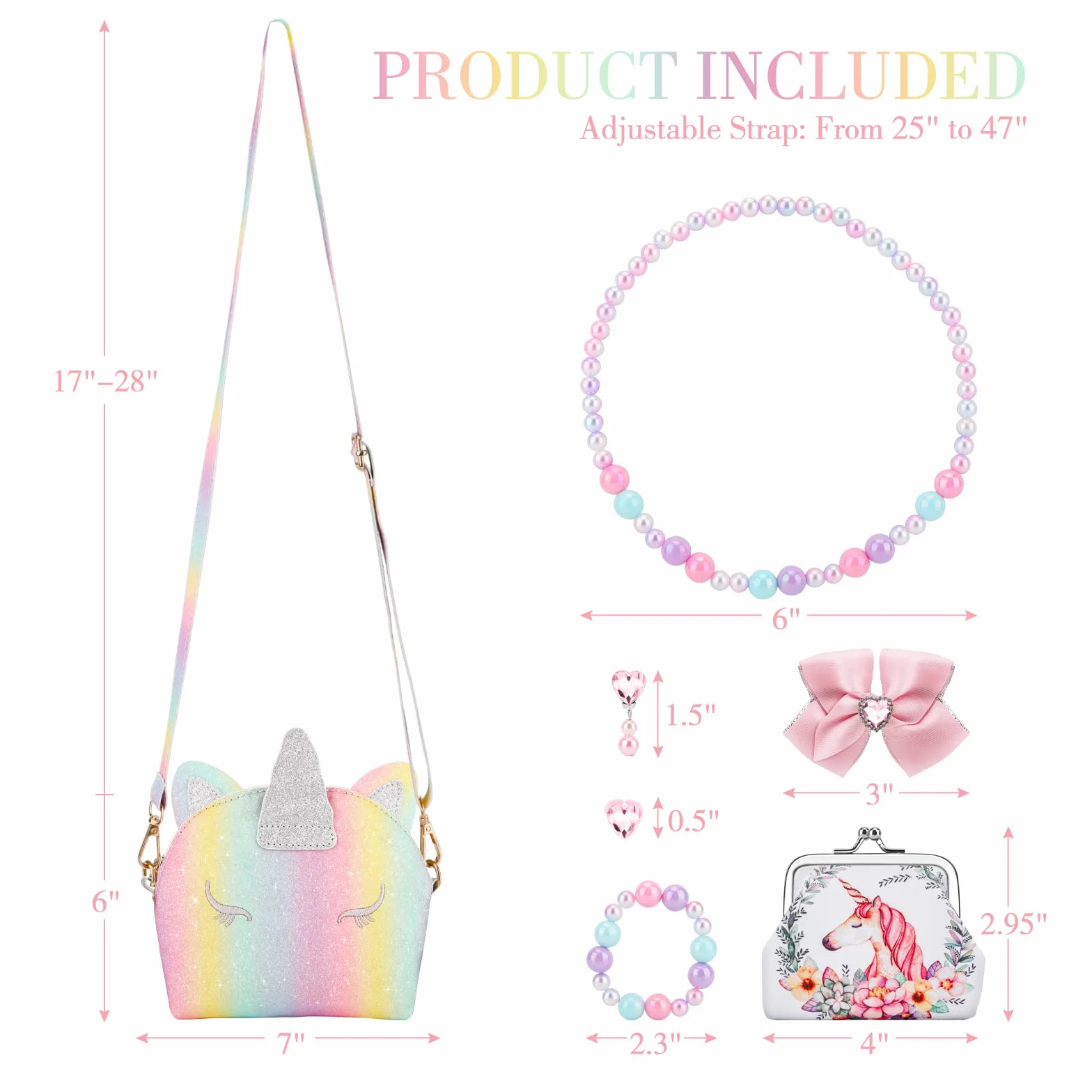 JYPS Torebki z jednorożcami dla dziewczynek, 7 szt. śliczna torba dla dzieci Crossbody z dziećmi Ubierz zestaw biżuterii udawaj akcesoria do zabawy, prezenty urodzinowe jednorożec prezenty zabawki dla