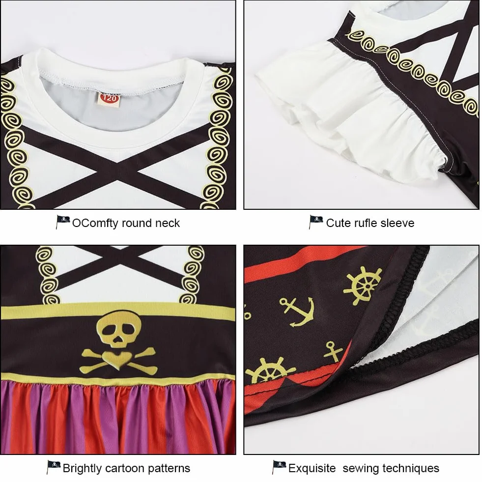 AUYAO Kostium piratów dla dzieci, 7 szt. Zestaw kostiumów piratów z sukienką, kapeluszem i naszywką na oko, zestaw dla dziewczynki Buccaneer, kostium na Halloween dla dziewczynek na karnawał, imprezę