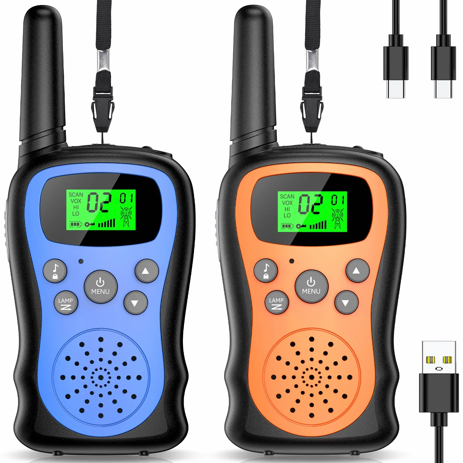 Walkie Talkie Kinder 2er Set, Pakinui Walky Talky mit 1000mAh Aufladbar Akku, Große Reichweite 3km Walki Talki Funkgeräte Set mit VOX Taschenlampe für Freien, Camping, Wandern