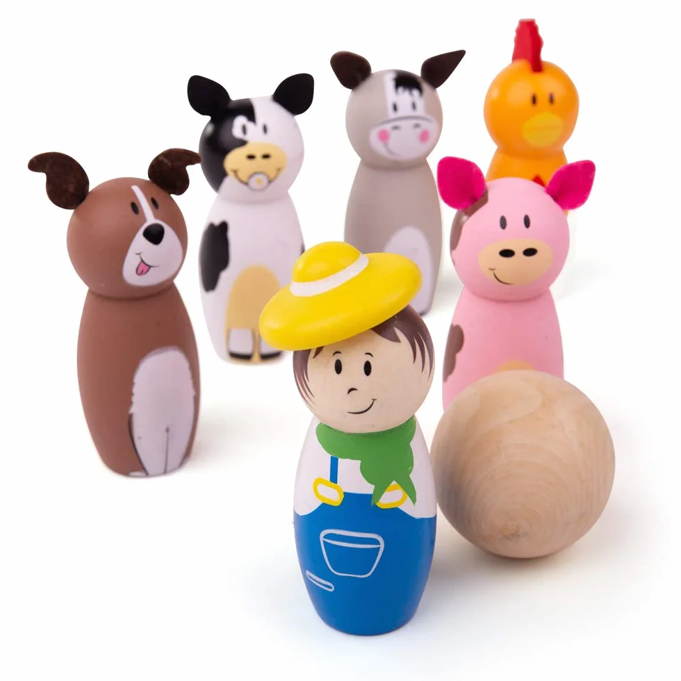 Bigjigs Toys Farm Wooden Skittles - Wooden Skittles for Toddlers with 6 Animal Skittles & 1 Bowling Ball, Educational Toy & Gifts for Kids aged 2 years +