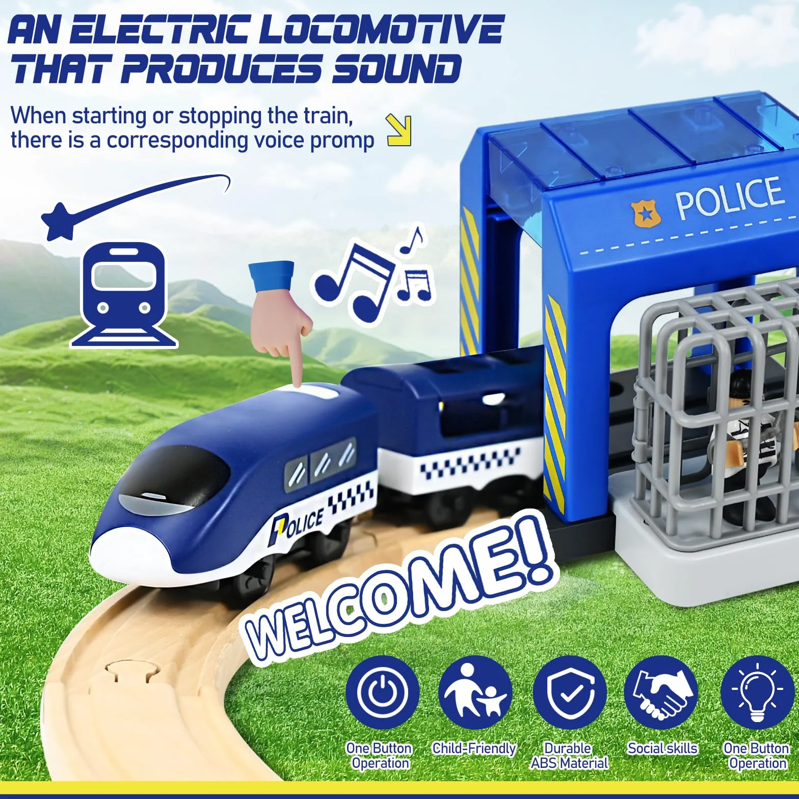 Drewniany zestaw kolejek dla dzieci 72-częściowy z elektryczną lokomotywą