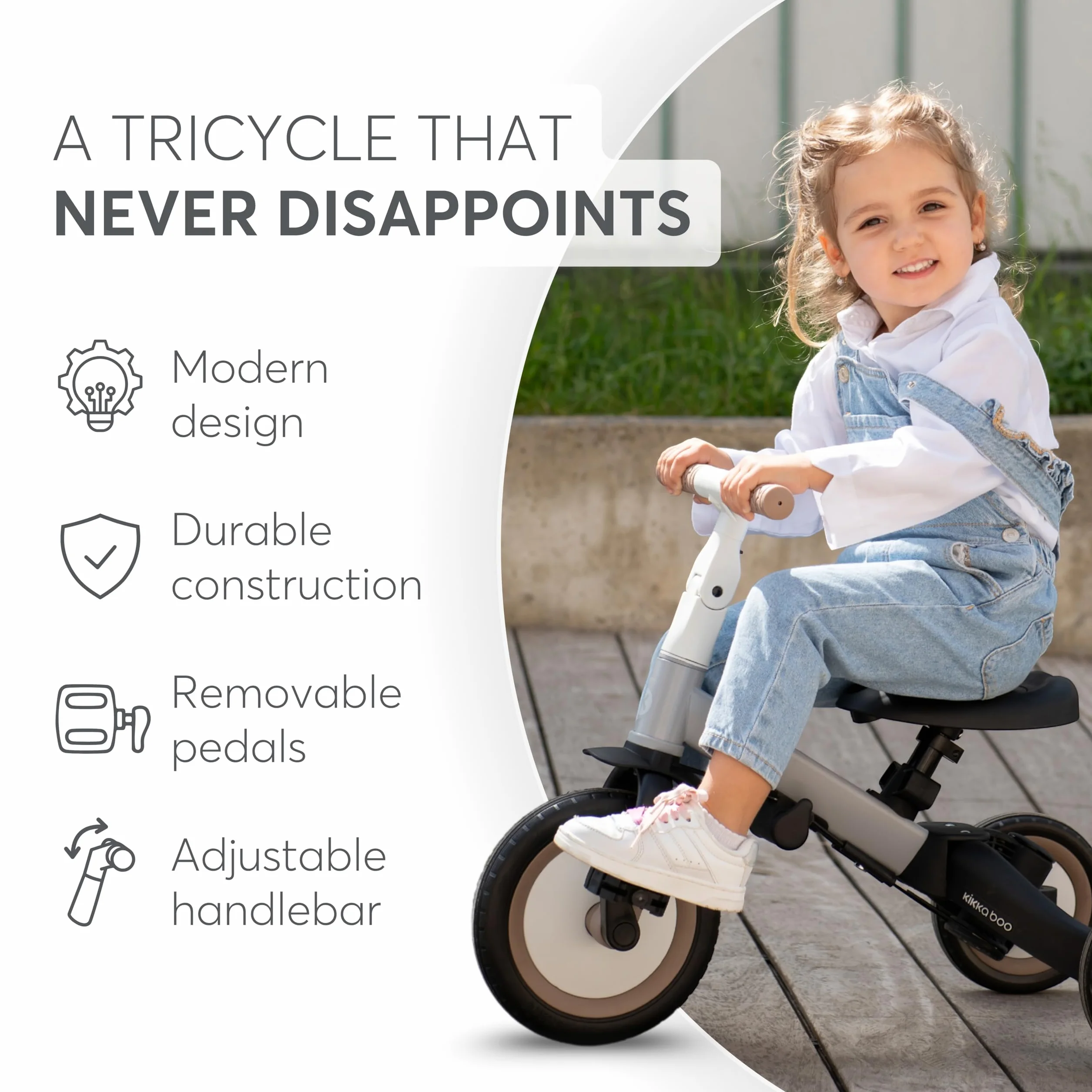 KikkaBoo FLIP Rower Trójkołowy 5 w 1 dla Dzieci 1–5 Lat, Konwertowany na Rower Biegowy z Pedałami lub Bez, Regulowany i Transformowalny, Szary