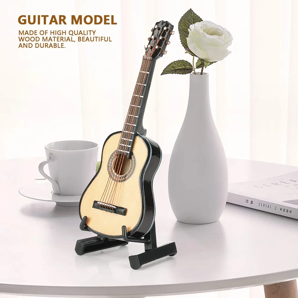 Miniaturowy Model Gitary, Mini Drewniana Gitara Model Instrumentu Muzycznego dla Dzieci Akcesoria do Domku dla Lalek ze Stojakiem i Etui do Dekoracji na Blat 10 Cm