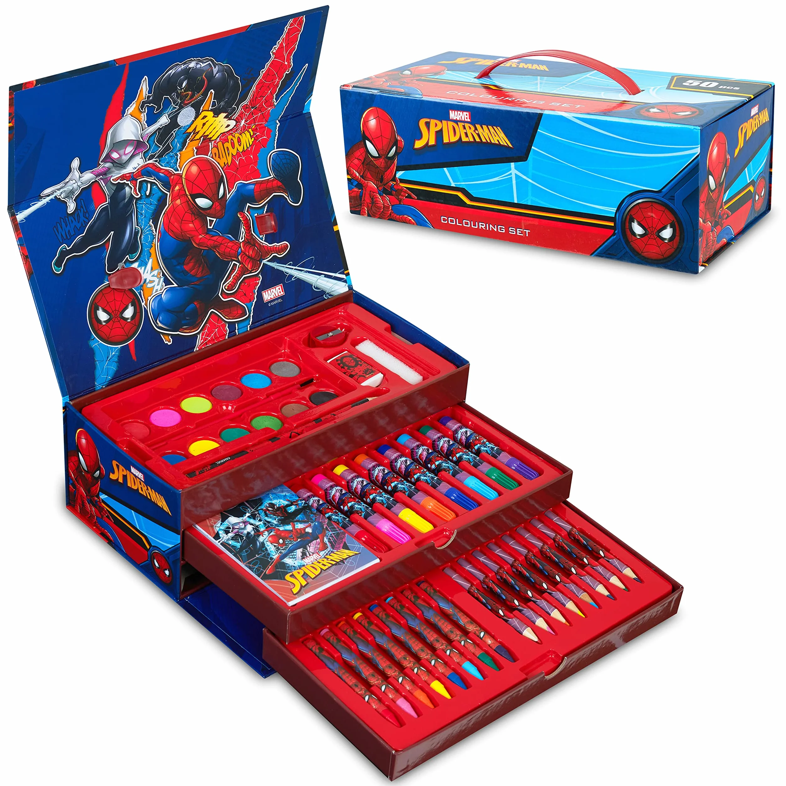 Marvel Etui artystyczne dla dzieci z kolorowymi ołówkami, markery, kredki, akwarele, materiały do rysowania, podróżny zestaw artystyczny, prezenty dla dzieci (wielokolorowy Spiderman)