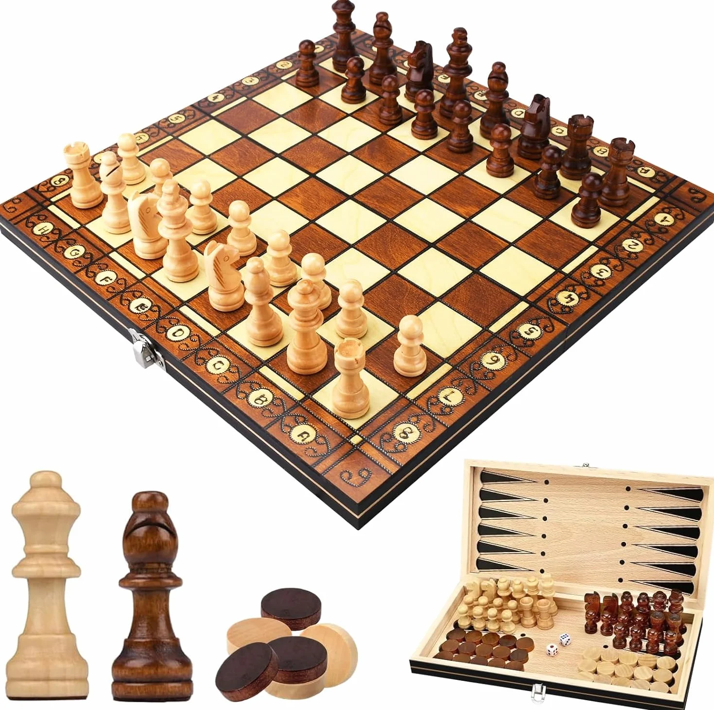 Składany magnetyczny drewniany zestaw szachów 3 w 1 do zajęć rodzinnych, imprez, dla dorosłych i dzieci, podróży, gier strategicznych (29 x 29 cm)