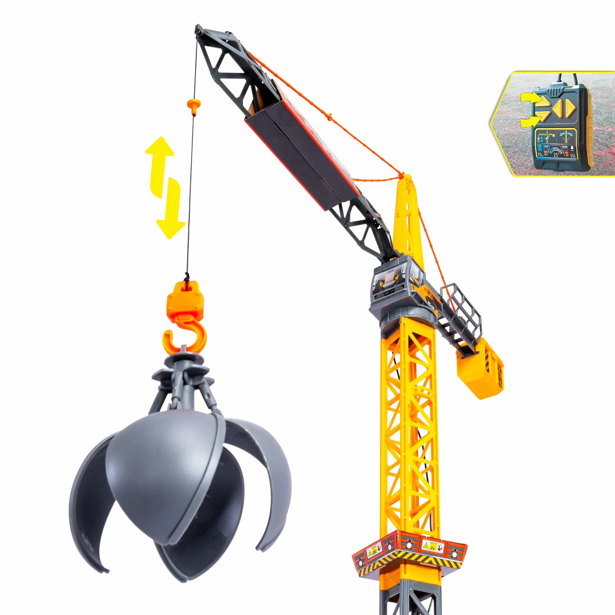 Dickie Toys 203729022 Volvo Dźwig Zdalnie sterowany, obrót 360°, kula wyburzeniowa z funkcją otwierania i chwytania przedmiotów, wysokość: 110 cm.