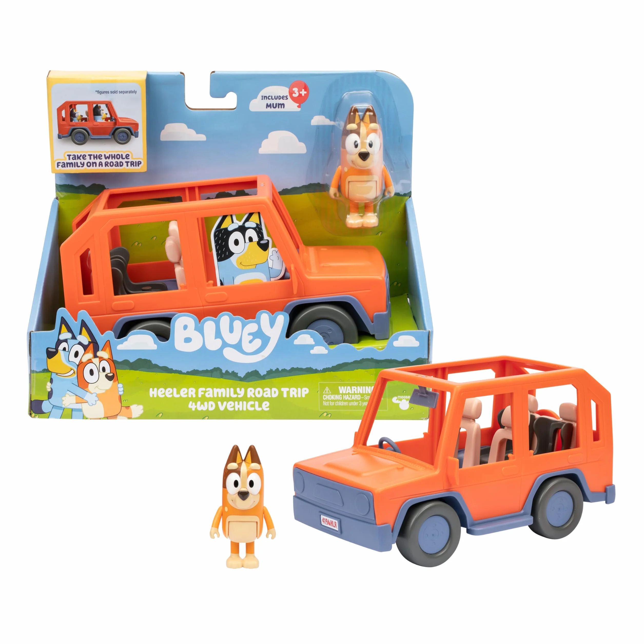 Bluey Heeler Family Road Trip pojazd z 4 kołami, zawiera przegubową figurkę chili, z otwartym dachem, aby łatwo dopasować 4 figurki wewnątrz, idealna do wszystkich figurek 6 cm (sprzedawane oddzielnie