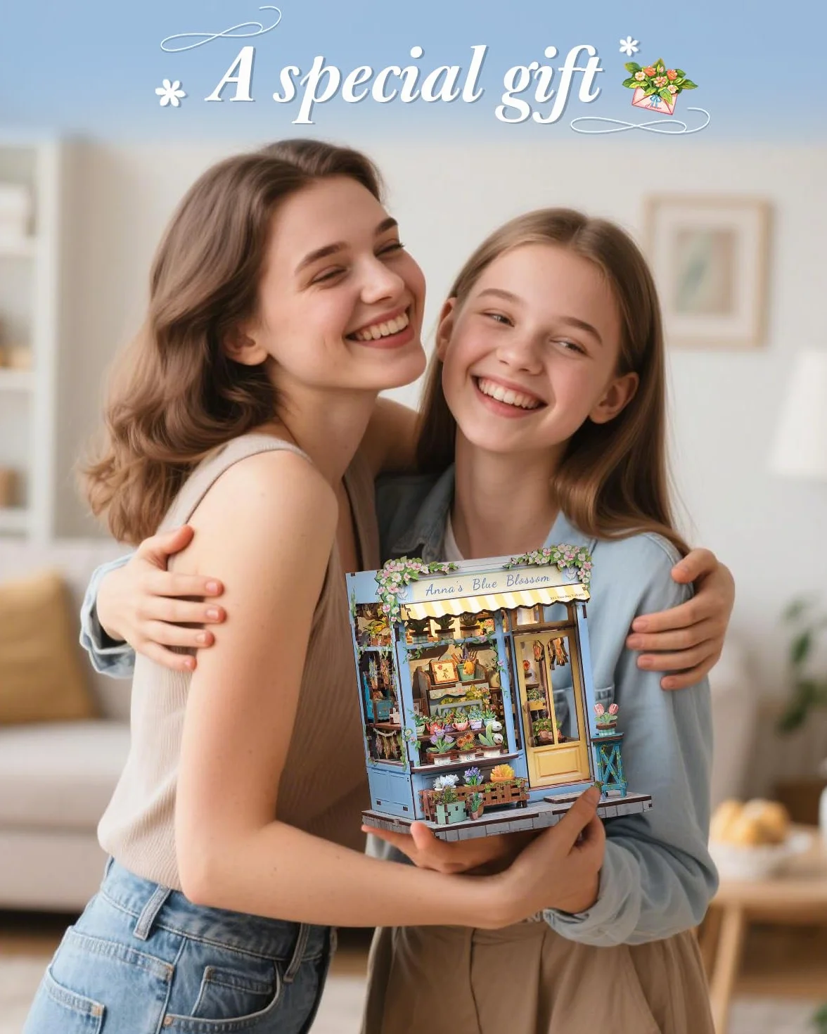 CUTEBEE Book Nook Kit-Zestaw Domku Dla Lalek do Samodzielnego Złożenia,Drewniana Podpórka do Książek 3D,Kreatywna Dekoracja na Półkę,Prezent(Anna's Blue Blossom)