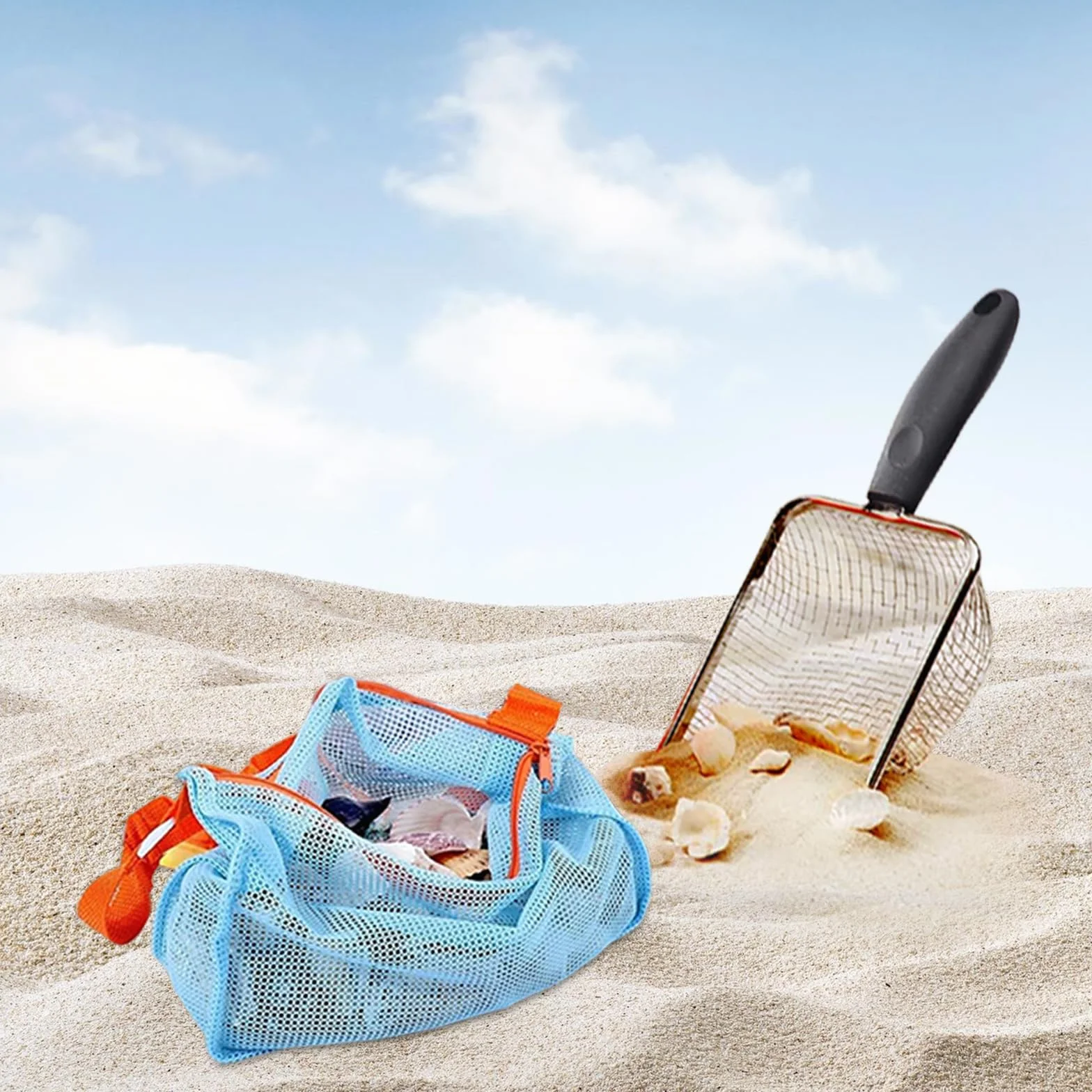 Łopata do piasku dla dzieci, z torbą plażową, torba na zabawki do piasku, torba do kolekcjonowania, metalowa szufla filtrująca, zabawka plażowa dla chłopców i dziewczynek, zbieranie muszli