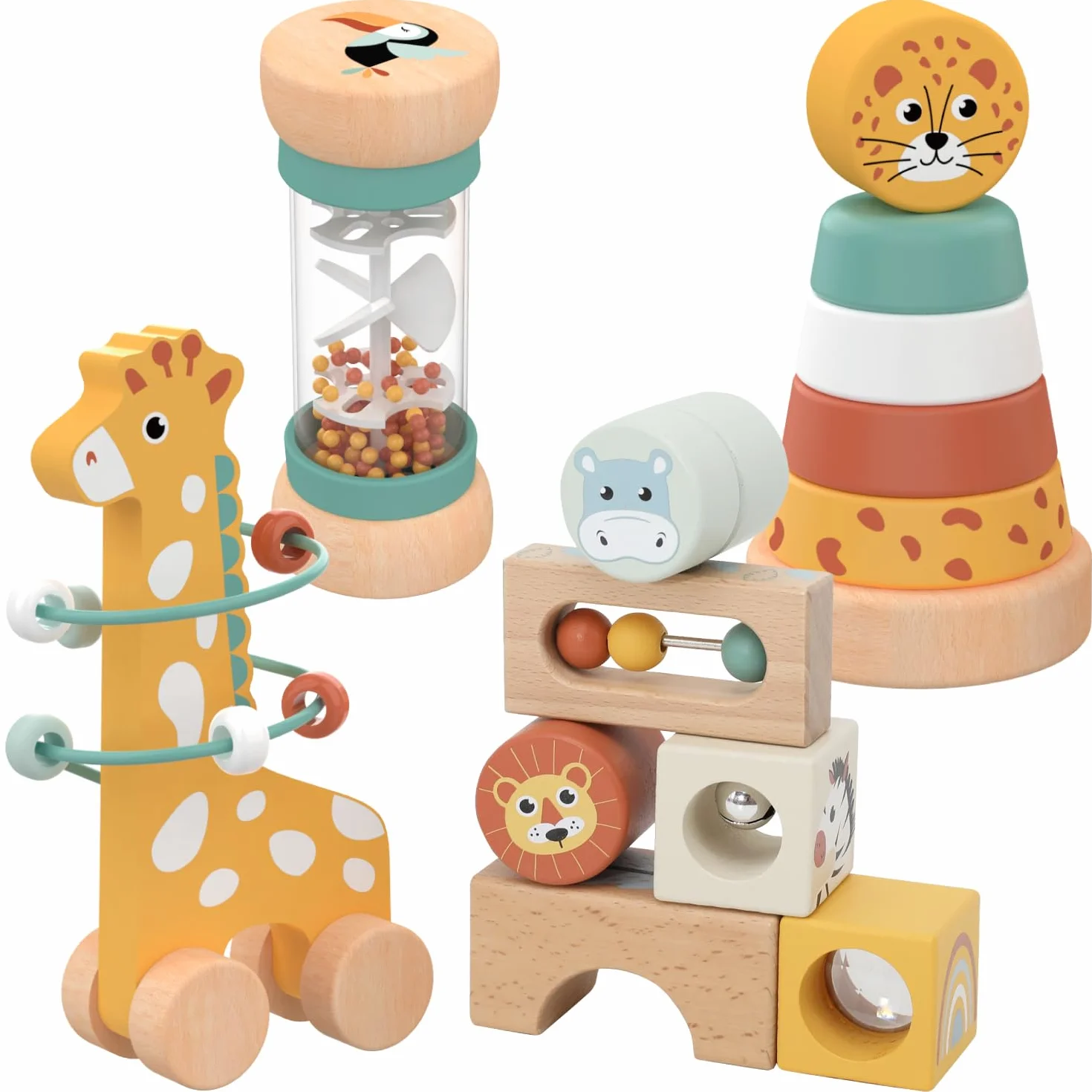 Nene Toys Zestaw Montessori dla Malucha 1+ – 4-w-1 Drewniane Zabawki Sensoryczne: Piramidka, Deszczownica, Labirynt z Żyrafą i Klocki Aktywności – Edukacyjny Prezent dla Dzieci 1–3 lata