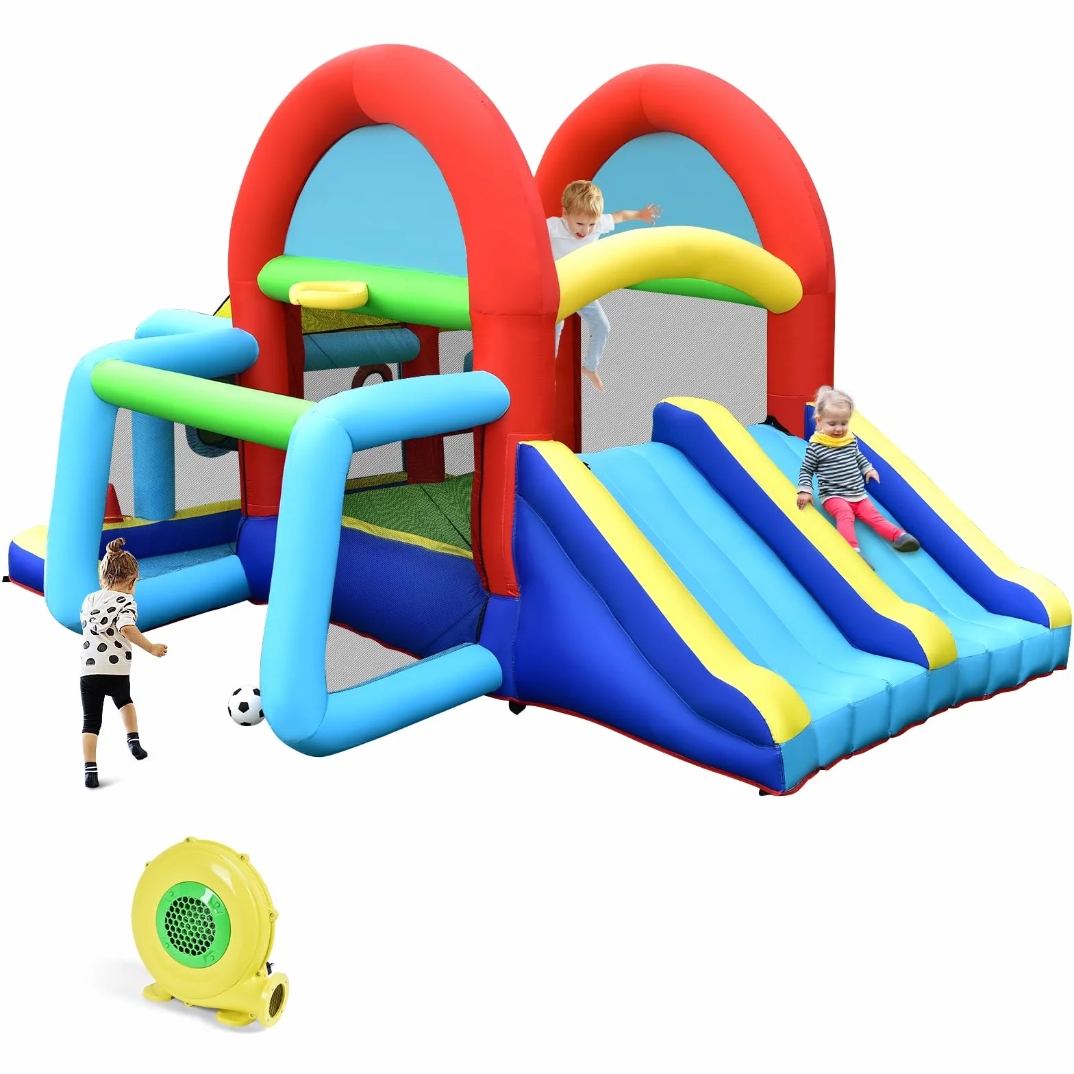 LIFEZEAL Dmuchany zamek, nadmuchiwany dom 8 w 1 dla dzieci z podwójną zjeżdżalnią, strefa trampoliny, bramka do piłki nożnej, duży wielofunkcyjny park dla dzieci (ze zdmuchą)