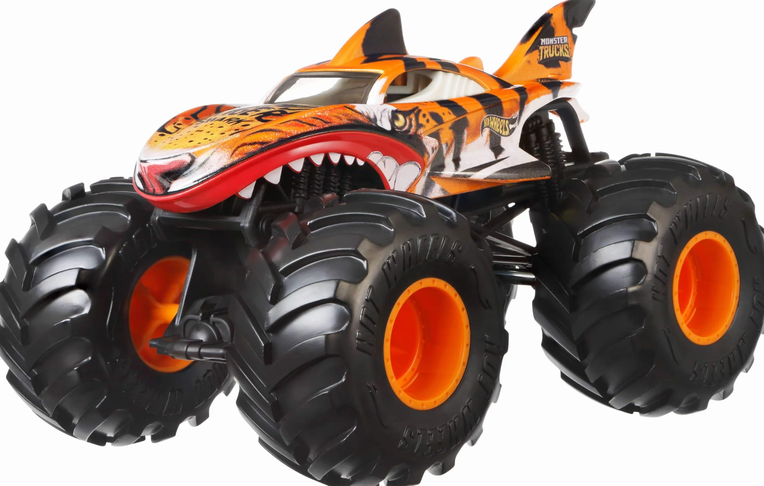 Hot Wheels Monster Trucks Tiger Shark Duży metalowy pojazd zabawka w skali 1:24 z wielkimi kołami i wyjątkowymi wzorami, samochód dla dzieci, JDR02