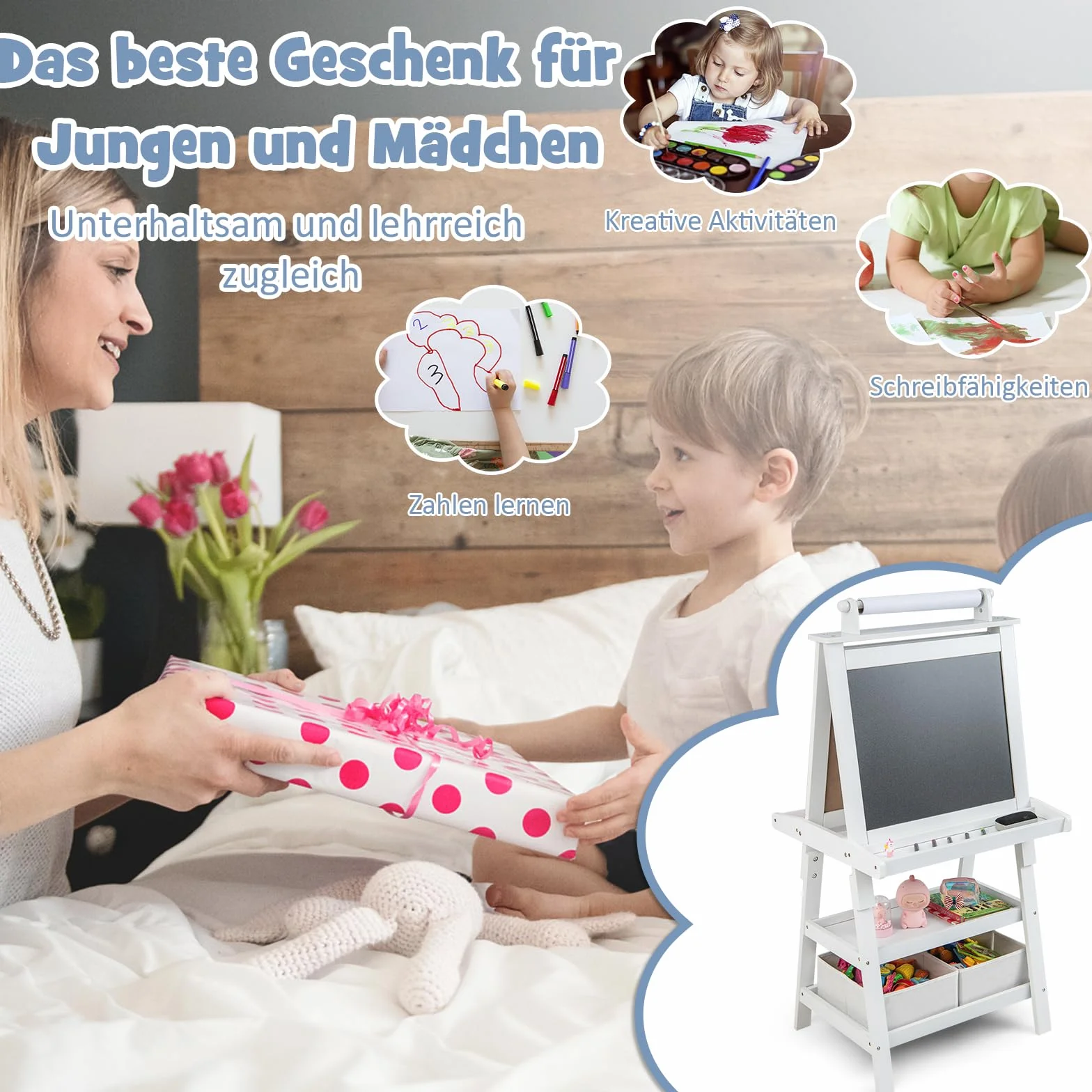 COSTWAY Sztaluga dziecięca 3 w 1, dwustronna, tablica suchościeralna, tablica do pisania kredą i papier do rysowania, stojąca z magnesami, 2 półki regałowe
