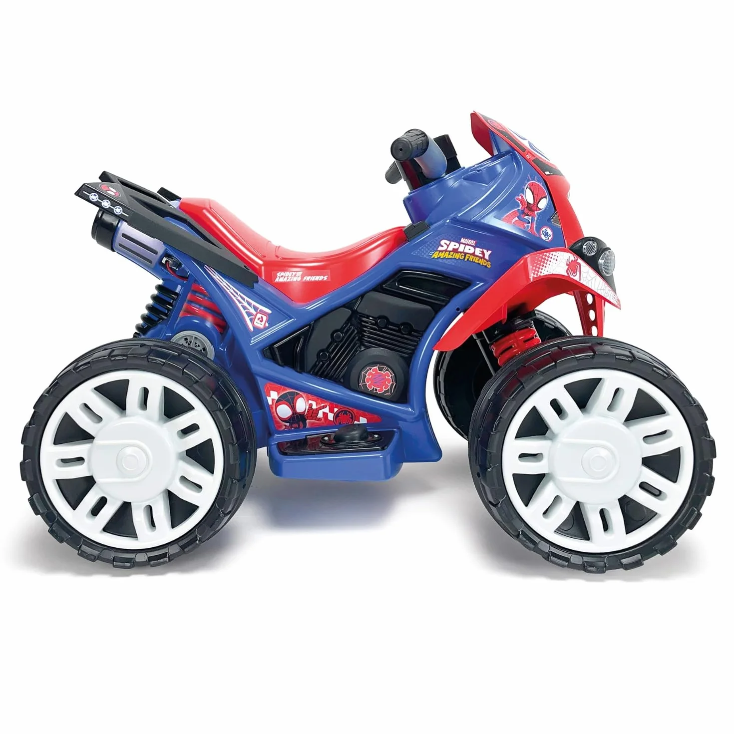 INJUSA - Quad elektryczny The Beast Spiderman, dla dzieci od 2 do 4 lat, akumulator 12 V, pedał przyspieszenia, bieg wsteczny i plastikowe koła, maksymalna prędkość 6 km/h, kolor niebieski