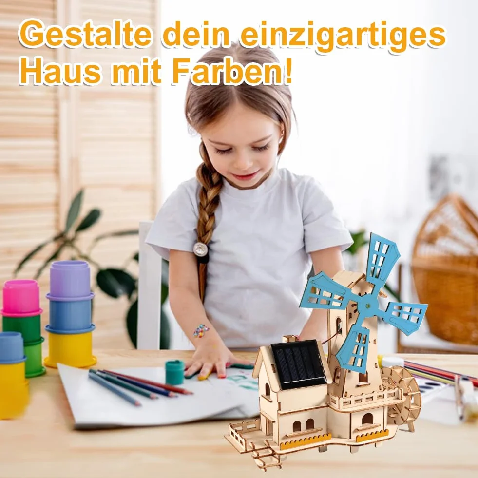 3D puzzle drewniane Dom z wiatrakami solarnymi - zestaw do majsterkowania DIY dla dorosłych - zestaw budowy modelu z obracającą się turbiną wiatrową zasilaną energią słoneczną | W tym