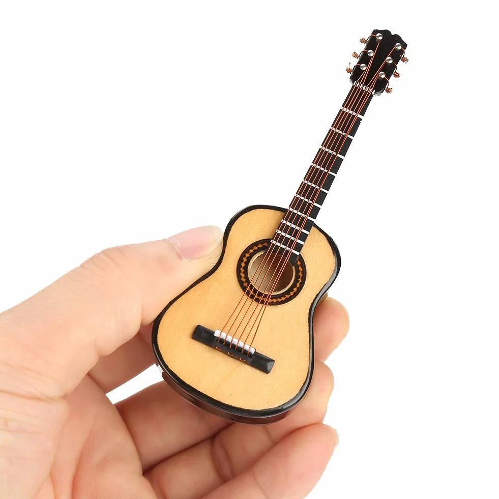 Miniaturowy Model Gitary, Mini Drewniana Gitara Model Instrumentu Muzycznego dla Dzieci Akcesoria do Domku dla Lalek ze Stojakiem i Etui do Dekoracji na Blat 10 Cm