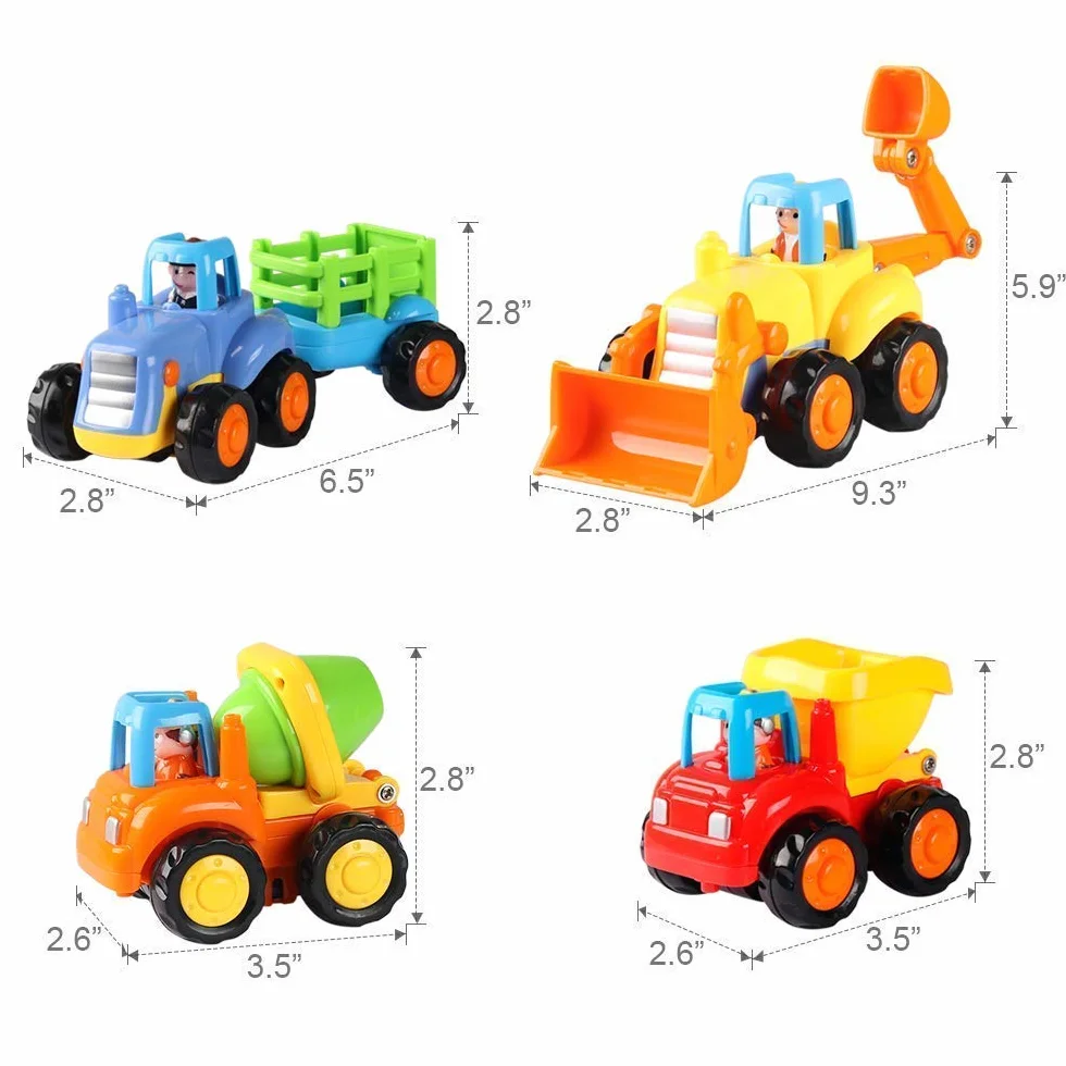 Coogam Push and Go Autos Reibung Angetriebenes Baufahrzeug Frühes Pädagogisches Spielzeug für 1 2 3 Jahre Alte Baby Kleinkinder - Satz von 4 - Traktor-Planierraupe-Betonmischer-LKW und Kipper