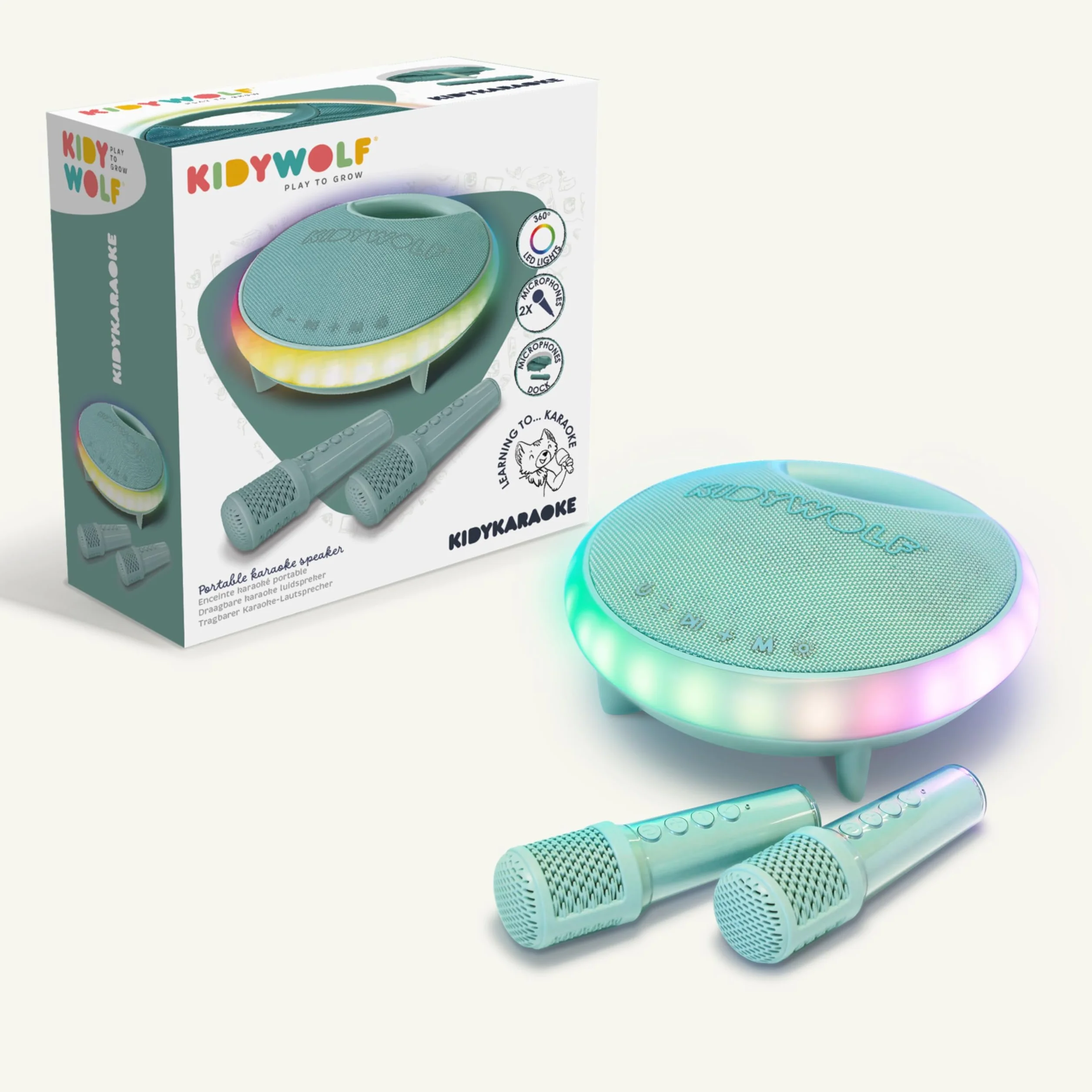 KIDYWOLF KIDYKARAOKE Przenośny głośnik do karaoke dla dzieci z 2 bezprzewodowymi mikrofonami i efektami świetlnymi - zabawny i świąteczny głośnik Bluetooth 40 W na rodzinne wieczory