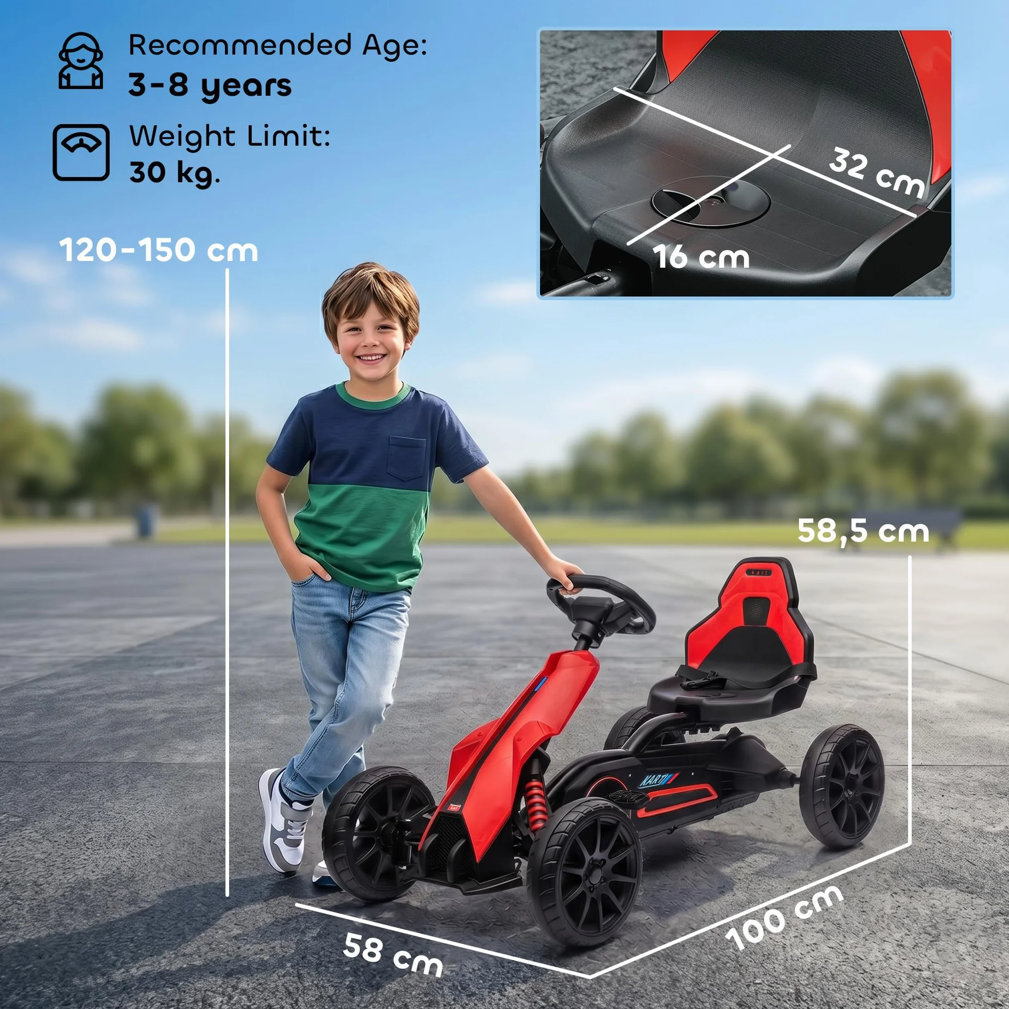 HOMCOM Kart na pedały dla dzieci, go-Kart z regulowanym siedziskiem 4-pozycyjnym, ciche koła EVA, 100 x 58 x 58,5 cm, rower i pojazd dziecięcy, czerwony i czarny