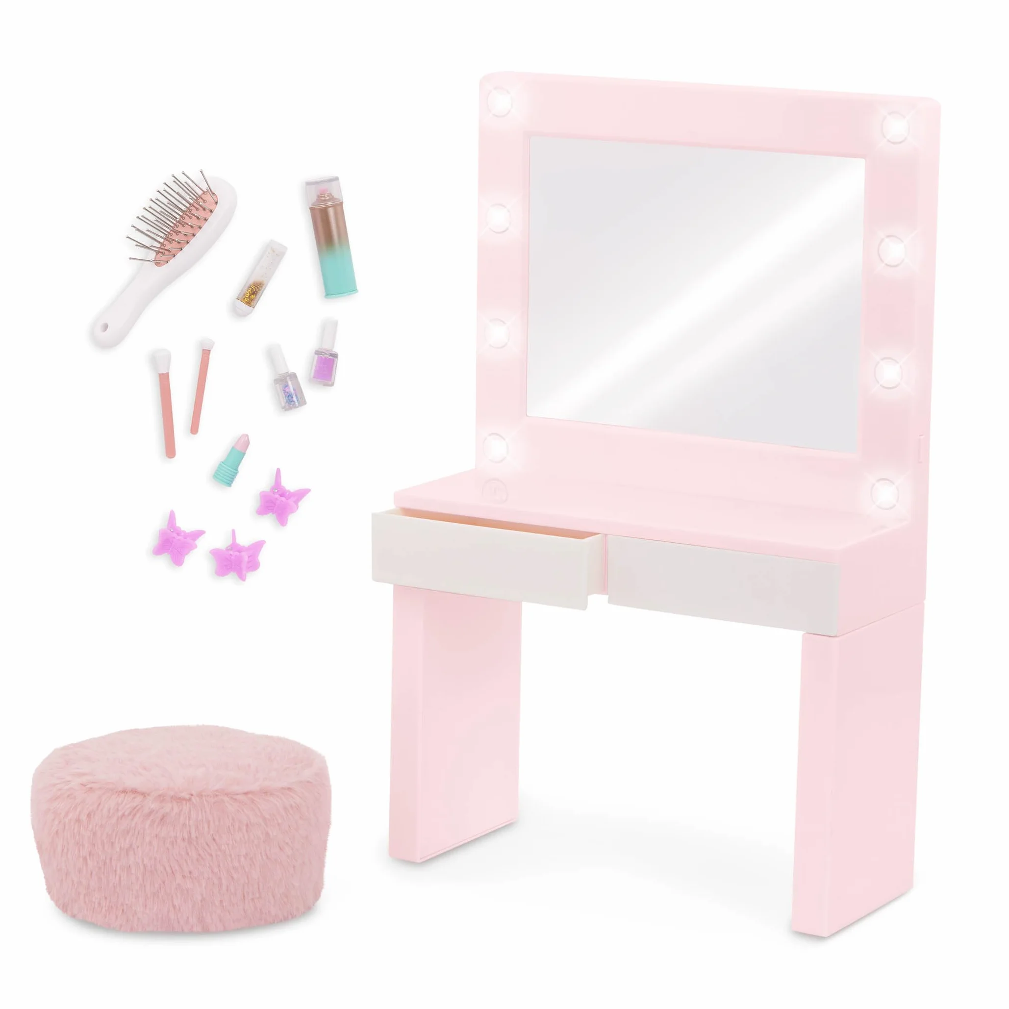 Our Generation Pink Vanity Table Playset – Light-up Mirror – Pretend Makeup & Styling Items – 45 cm Doll Accessories – Toys for Kids Ages 3 & Up – Glam & Glow Vanity Set