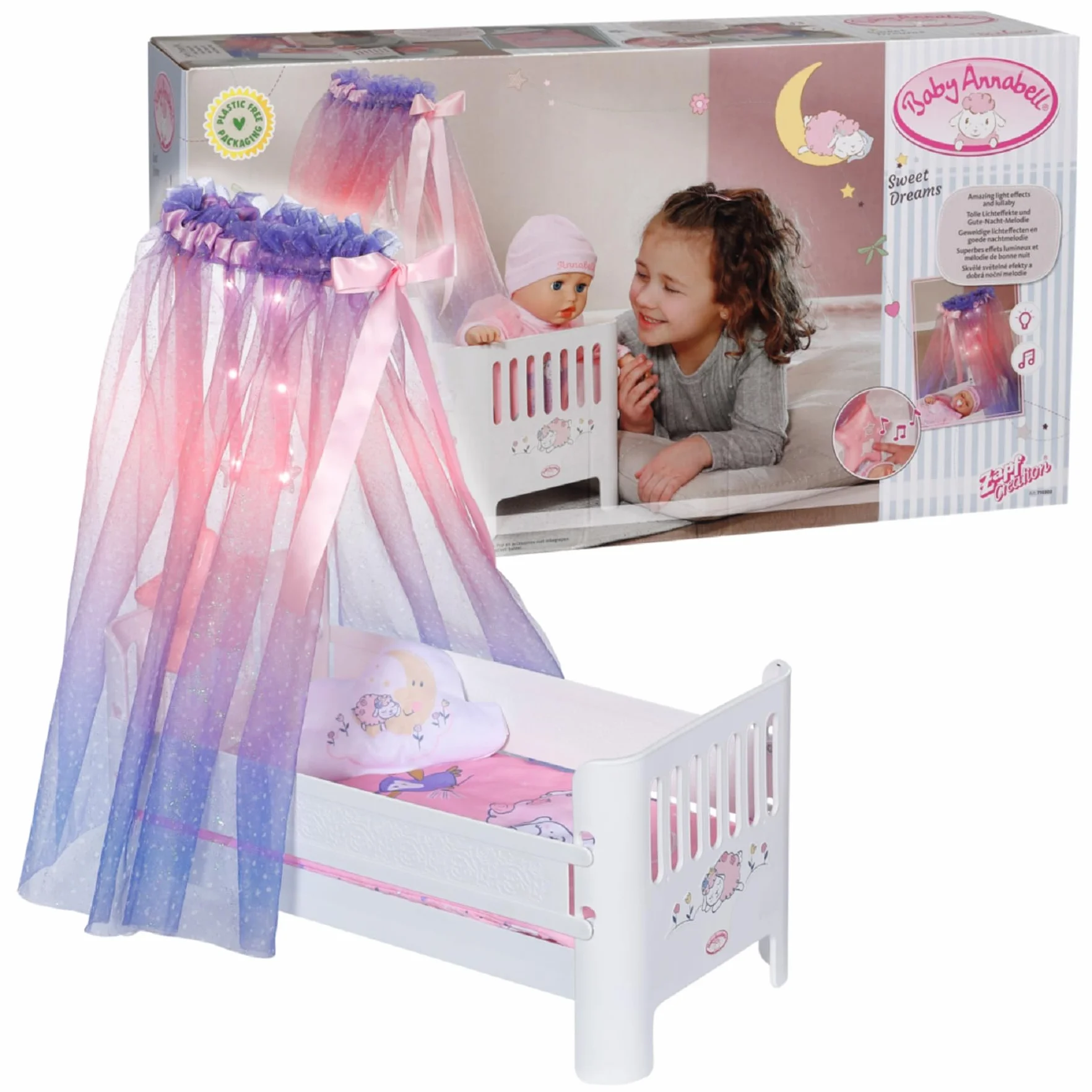 Baby Annabell, Łóżko dla lalek białe, Baby Annabell Sweet Dreams łóżko dla lalek z baldachimem, świecące gwiazdy, kołysanka, materac, koc i poduszka, 710302, Zapf Creation, małe