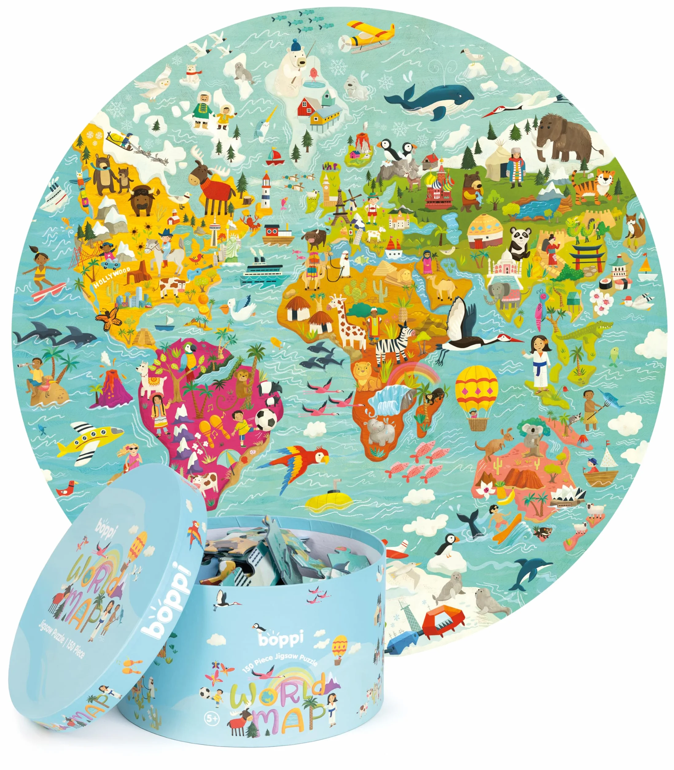 Mapa świata puzzle dla dzieci puzzle w wieku 5-8 lat - 150 sztuk zwierząt świata układanka ze 100% pochodzących z recyklingu - okrągłe wyrzynarki dla dzieci w wieku 5 lat od boppi
