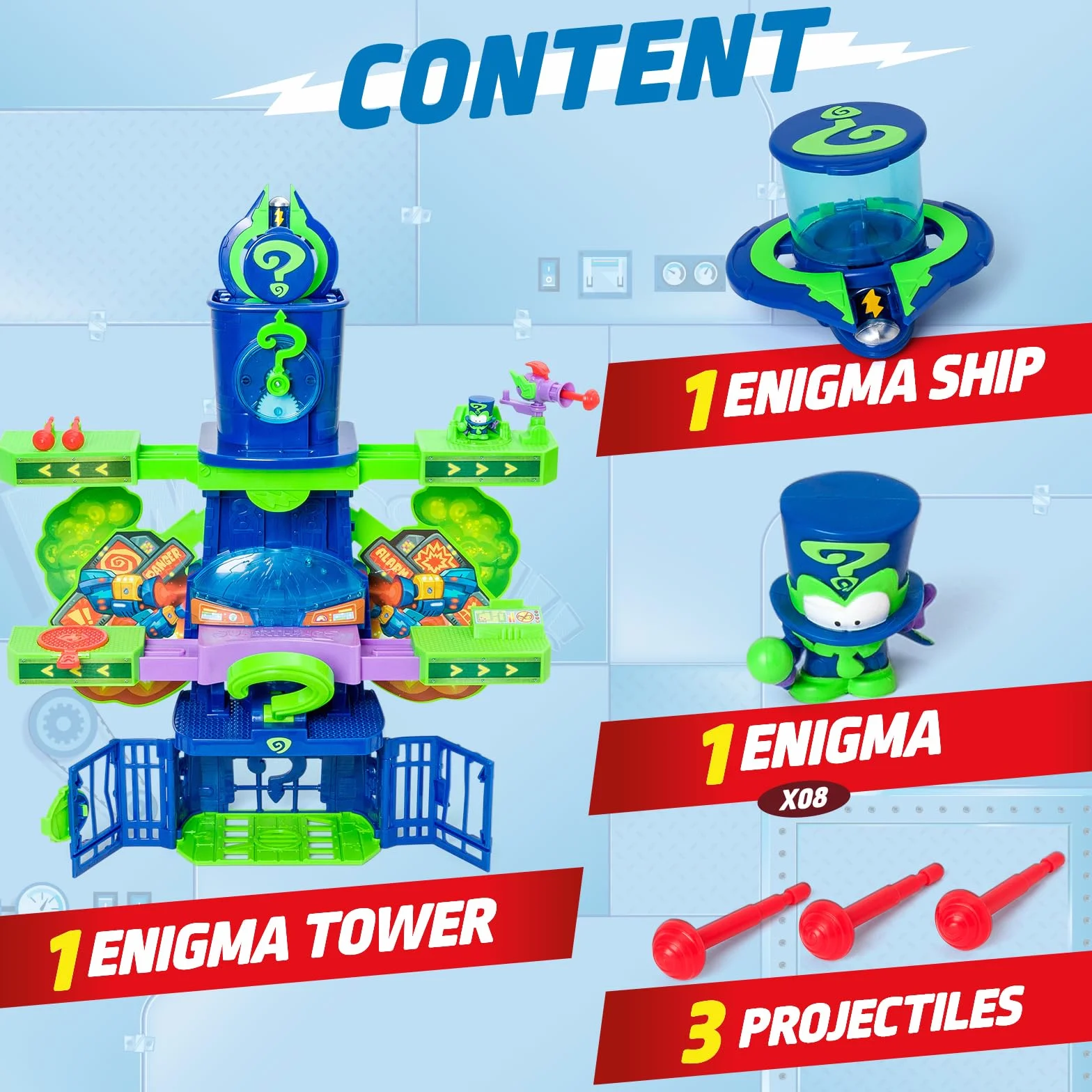 SUPERTHINGS KAZOOM POWER -Playset Enigma Tower.Wieża Enigmy z serialu telewizyjnego Klanu "Kazoom Power".Zawiera 1 Wieża,1 Ekskluzywna Enigma,1 Samolot,1 więzienie,1 katapulta,1 wyzwalacz, pociski