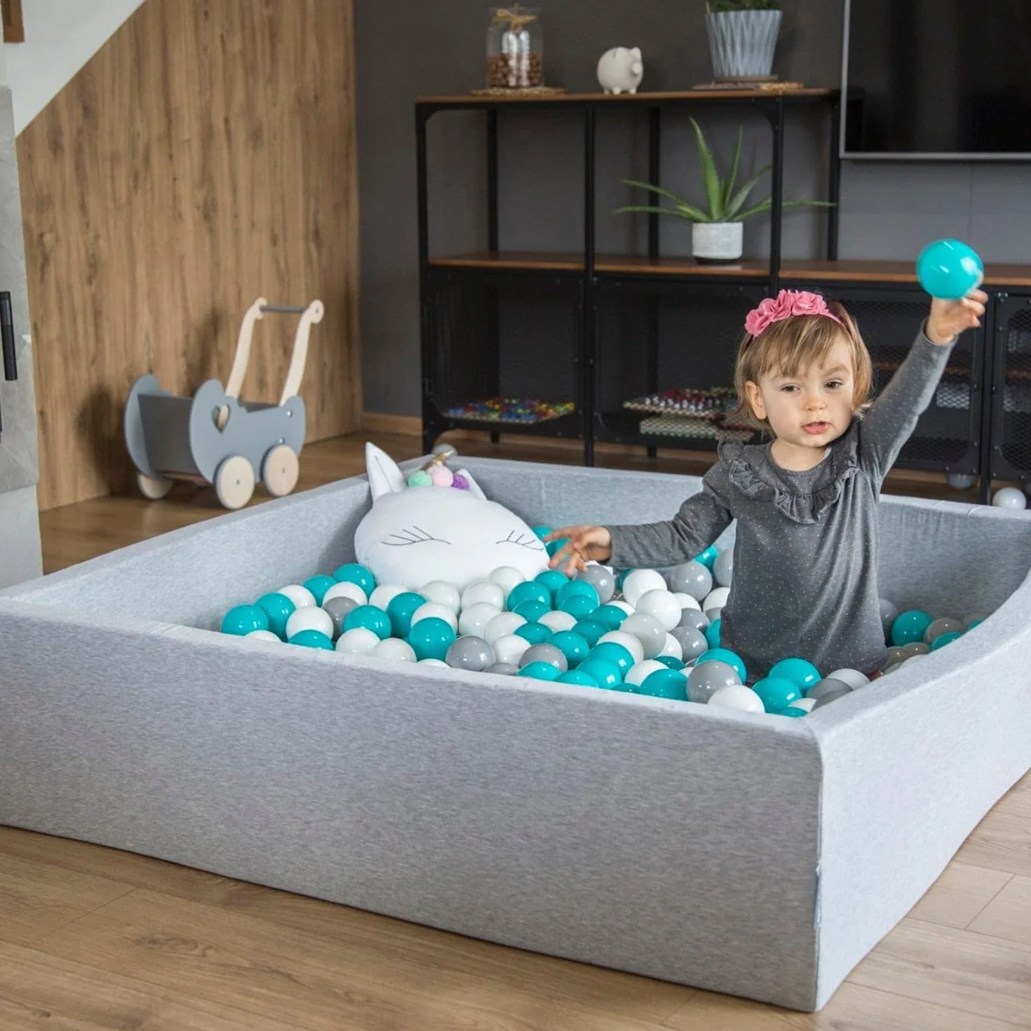 KiddyMoon Suchy Basen 120X30cm/300Piłek ∅ 7Cm, Kwadratowy Miękki Basen Dla Dzieci Z Kolorowymi Kulkami, Jasnoszary: Babyblue-Pudrowy Róż-Perła