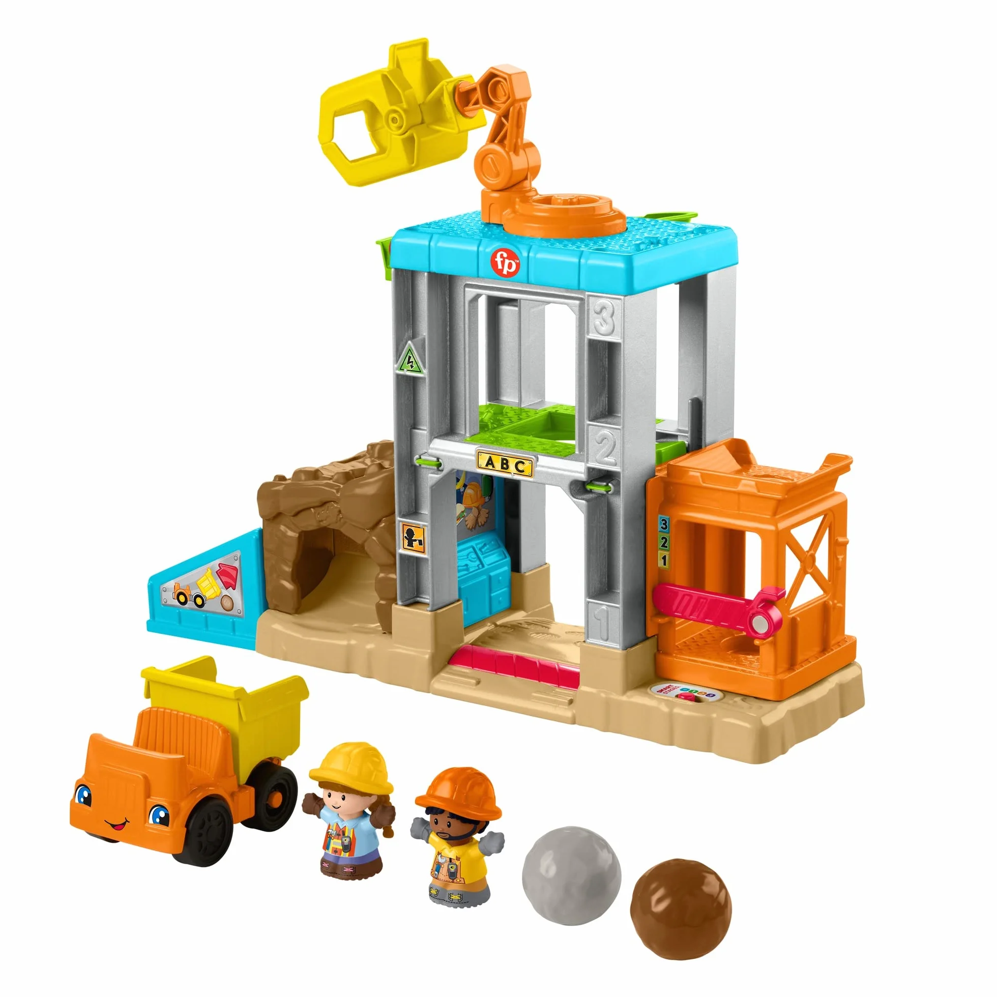 Fisher-Price Little People Plac budowy Zestaw z dźwiękiem, muzyczny zestaw do zabawy z wywrotką i 2 figurkami, dla przedszkolaków i młodszych dzieci, HCJ64