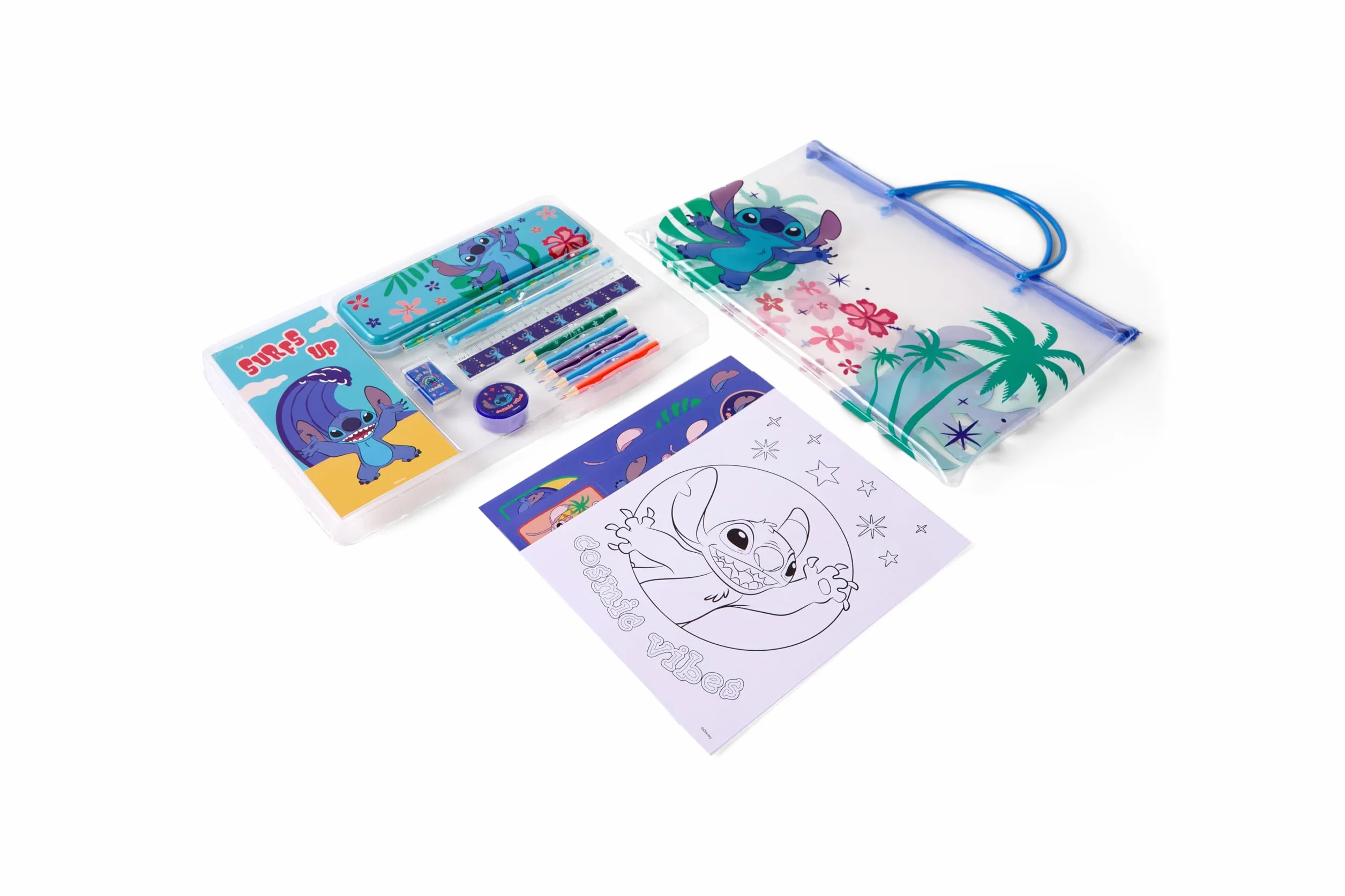 Disney Stitch zestaw podróżny do pisania i rysowania | Zestaw do malowania i rękodzieła dla dzieci z piórnikiem, długopisami i kartkami do kolorowania | Kreatywny zestaw podróżny w torbie z uchwytem |