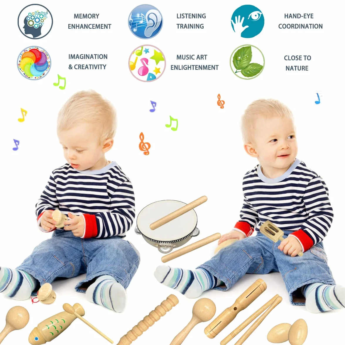 Drewniane instrumenty muzyczne dla małych dzieci i niemowląt, zestaw dla dzieci 3-6 lat, zestaw małych instrumentów
