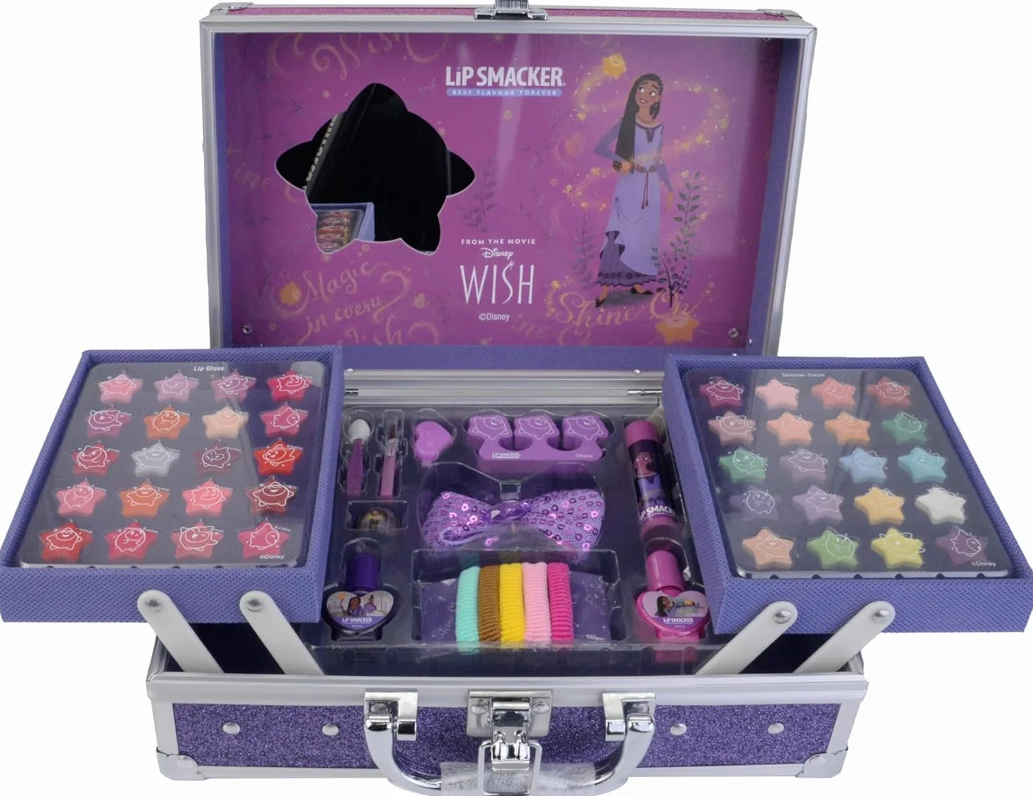 Lip Smacker Disney Wish Makeup Traincase, kuferek na kosmetyki dla dzieci, 50+ produktów do makijażu twarzy, ust i paznokci, w zestawie akcesoria kosmetyczne do włosów i makijażu
