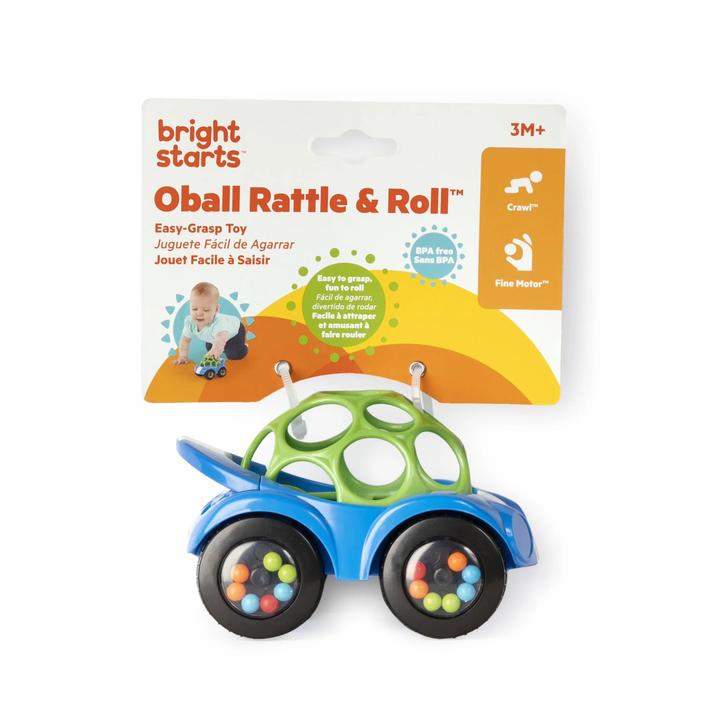 Bright Starts, Oball, Rattle & Roll Buggie zabawkowy samochód z grzechotką, niebiesko-zielony