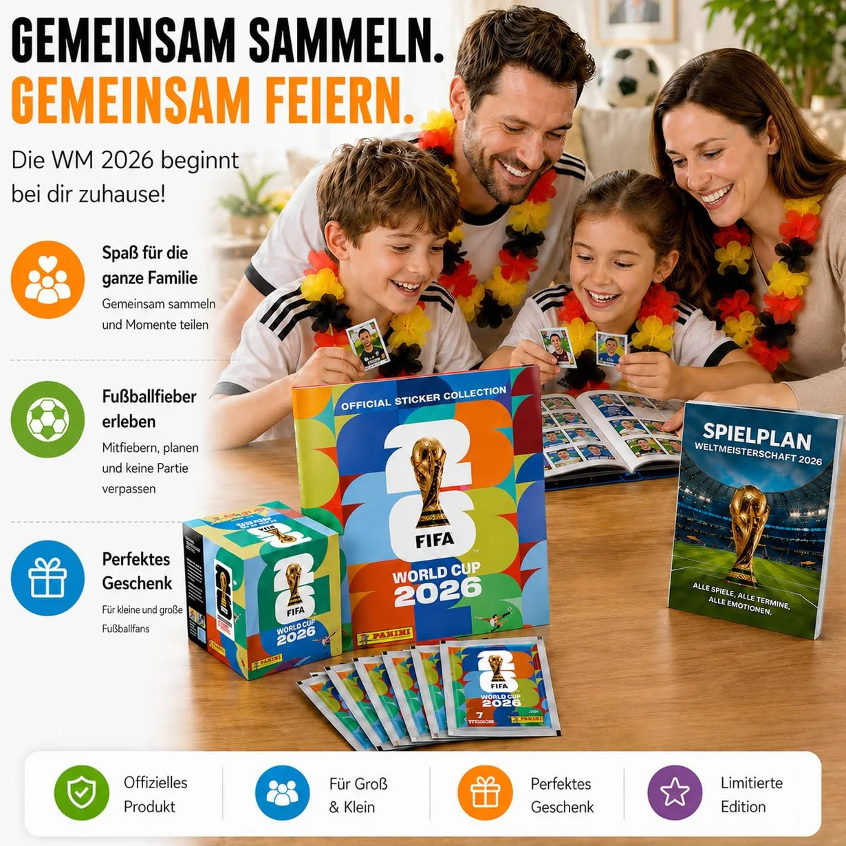 Panini WM 2026 zestaw naklejek i albumów – Mistrzostwa Świata 2026 – piłka nożna – łańcuszek z kwiatów – plan meczów
