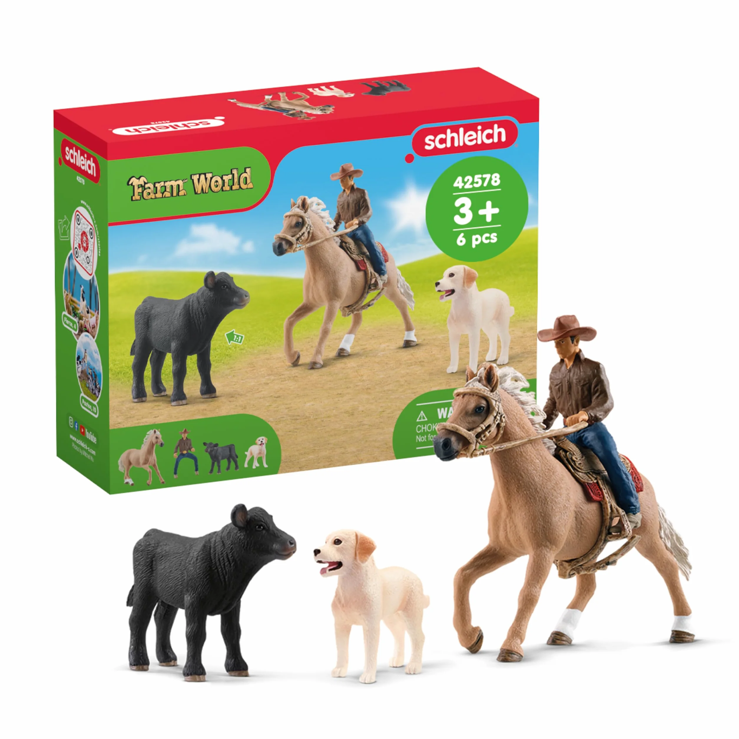 Schleich FARM WORLD Jazda westernowa 42578 zestaw farma z kowbojem, koniem, cielęciem i psem 6 elementów