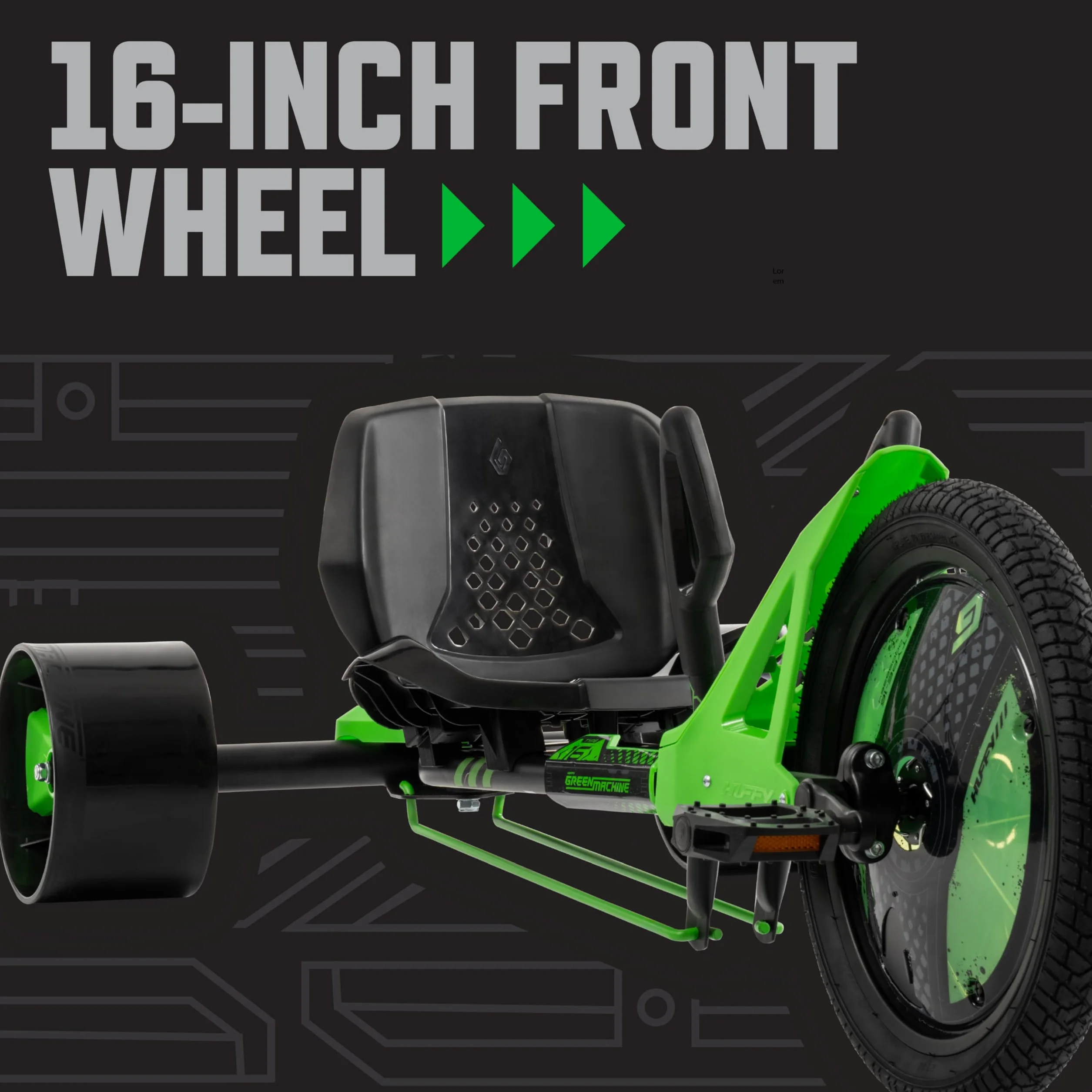 Huffy Green Machine 40 cm Drift Trike, elegancka, ergonomiczna konstrukcja, regulowane siedzisko, rower dryfujący dla dzieci w wieku 5-8 lat, maksymalna waga 36 kg, hamulec nożny